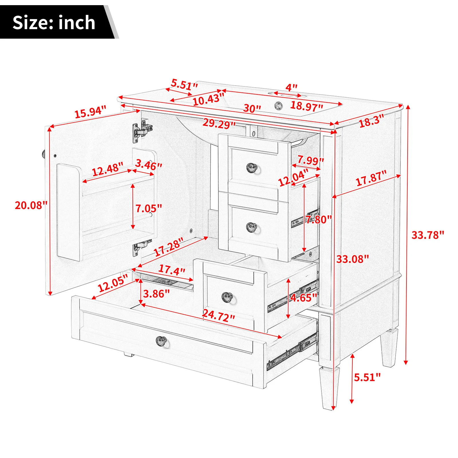 Bathroom Vanity With Sink, 3 Drawer Storage Cabinet - Image 2