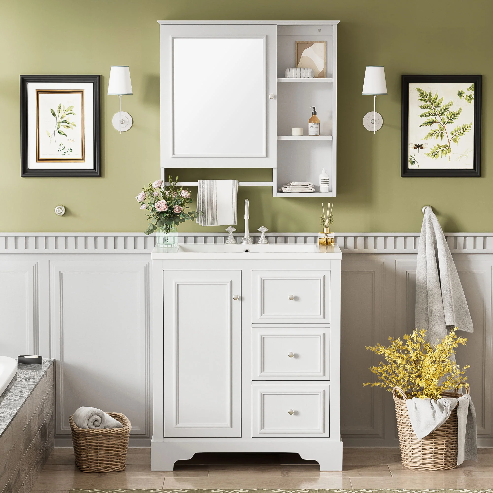 Bathroom Vanity With Sink, Modern Elegant Bathroom Storage Cabinet With 3 Drawers And Adjustable Shelves, Freestanding Vanity Set With Mirror Cabinet, Single Sink Bathroom Vanity - Image 2