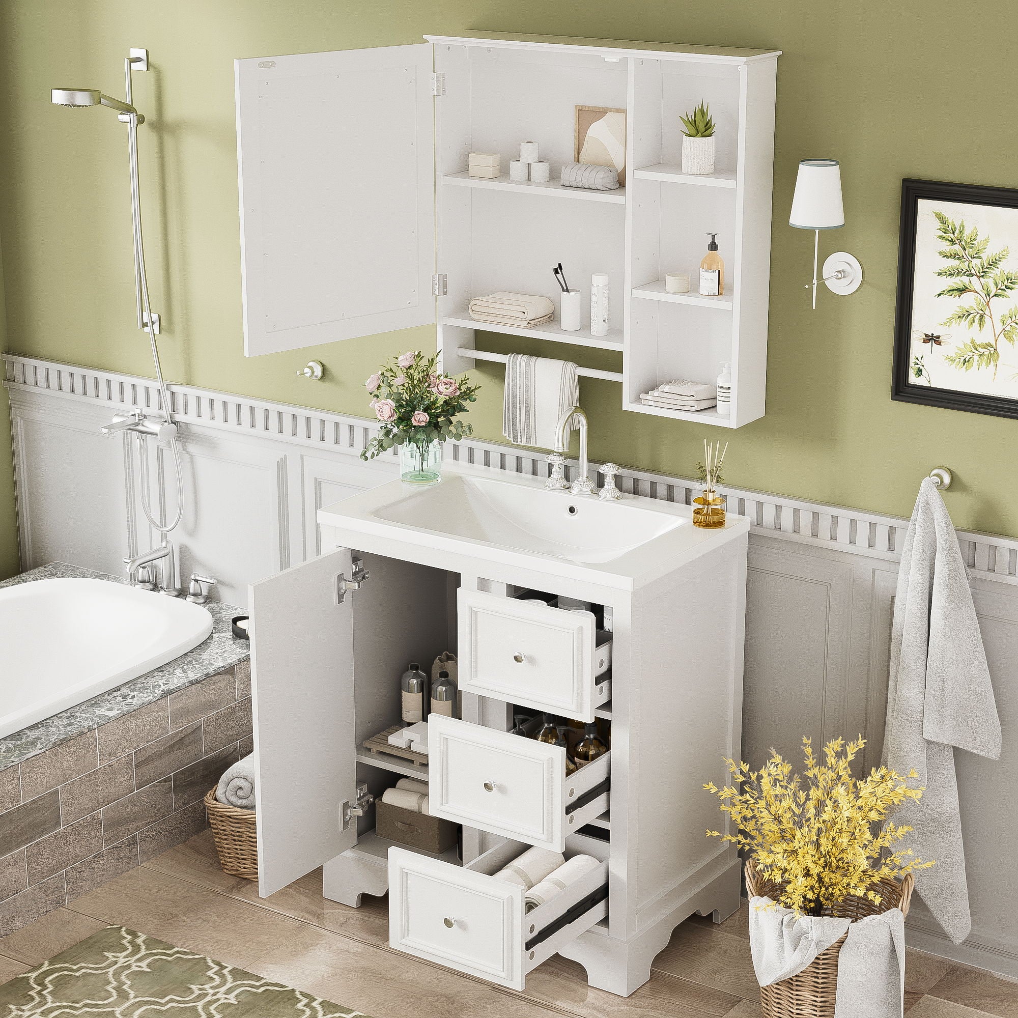 Bathroom Vanity With Sink, Modern Elegant Bathroom Storage Cabinet With 3 Drawers And Adjustable Shelves, Freestanding Vanity Set With Mirror Cabinet, Single Sink Bathroom Vanity - Image 3