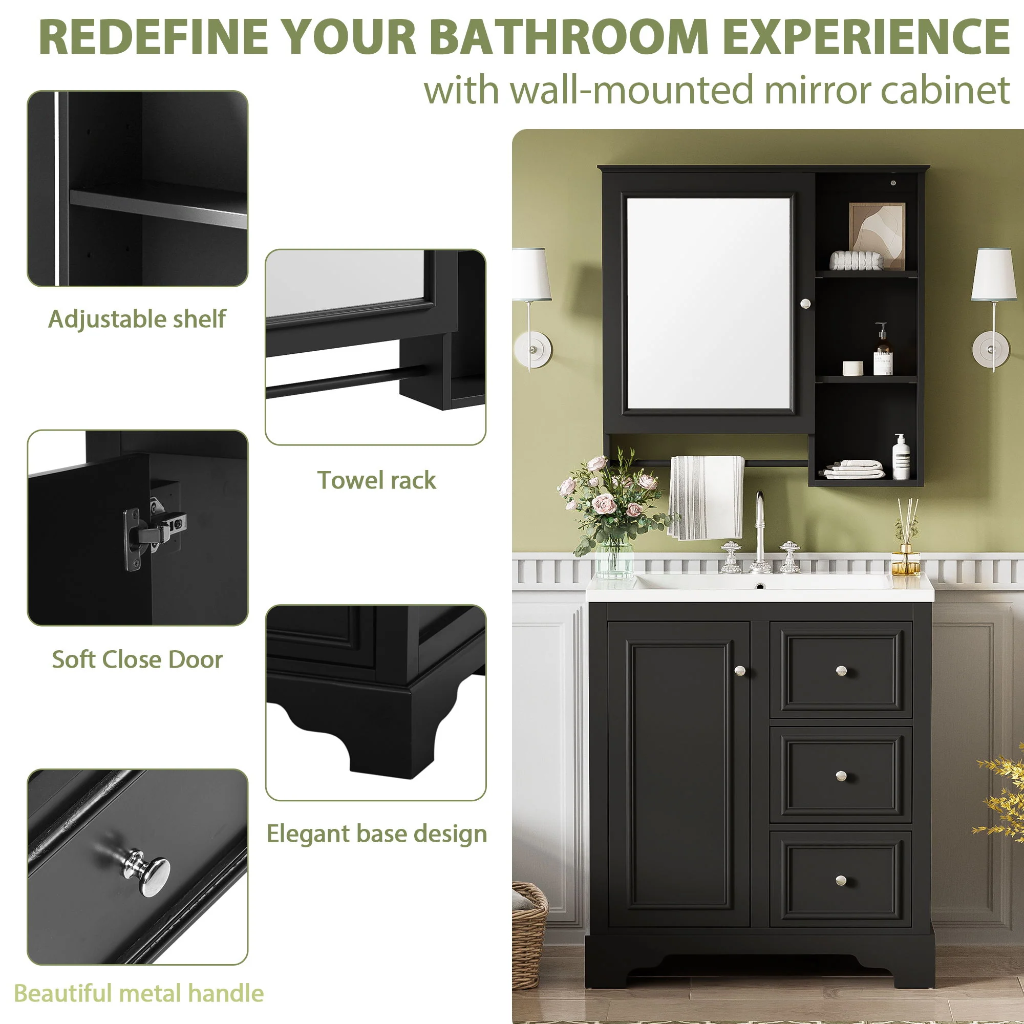 Bathroom Vanity With Sink, Modern Elegant Bathroom Storage Cabinet With 3 Drawers And Adjustable Shelves, Freestanding Vanity Set With Mirror Cabinet, Single Sink Bathroom Vanity - Image 4