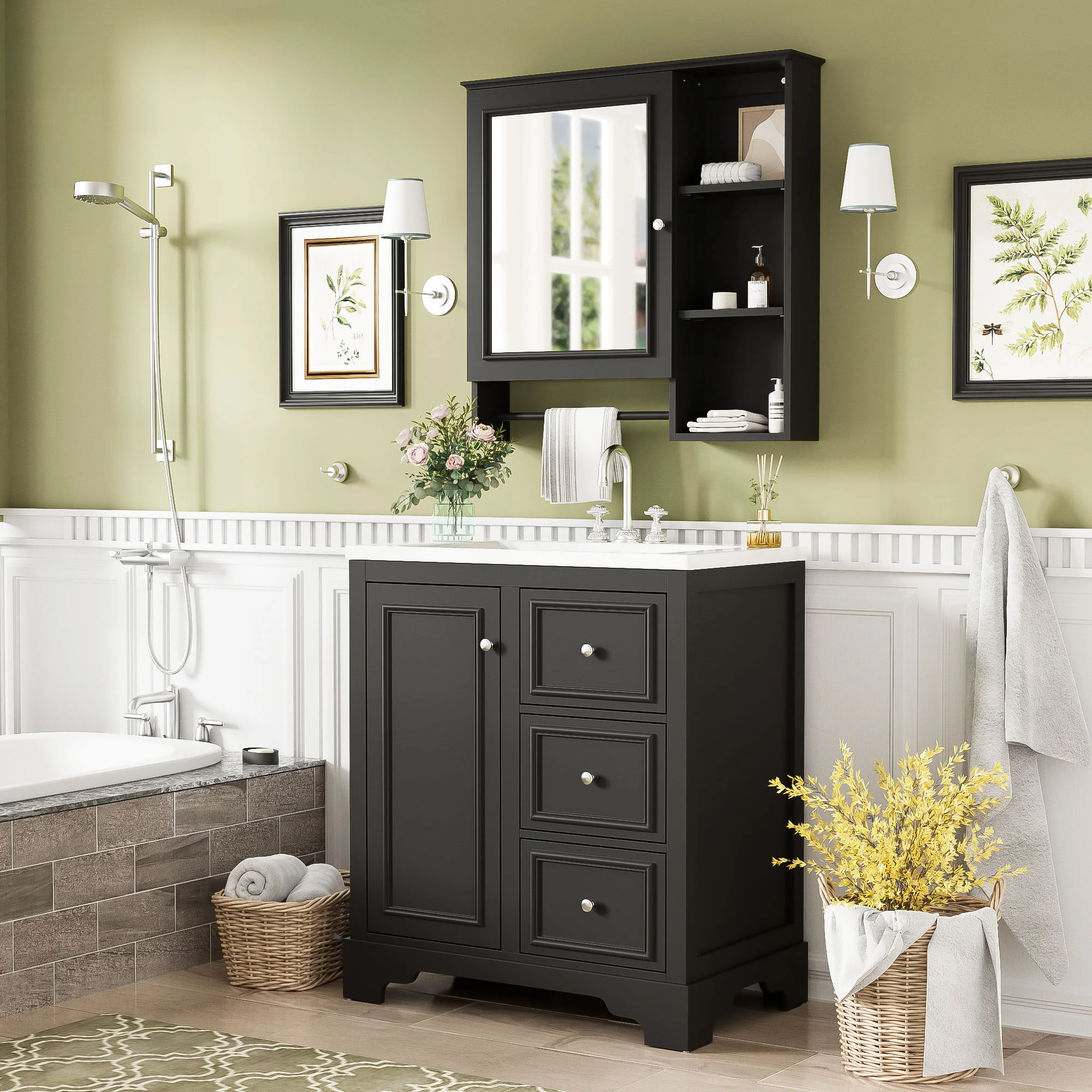 Bathroom Vanity With Sink, Modern Elegant Bathroom Storage Cabinet With 3 Drawers And Adjustable Shelves, Freestanding Vanity Set With Mirror Cabinet, Single Sink Bathroom Vanity - Image 5