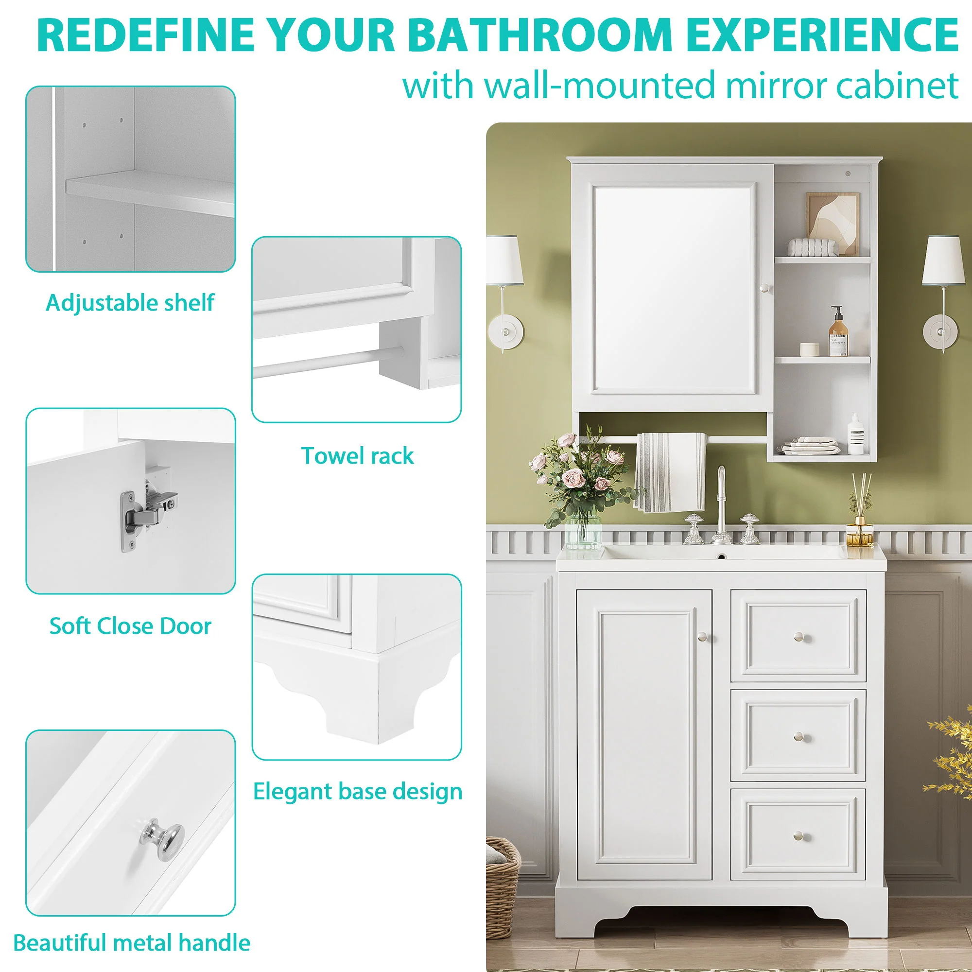 Bathroom Vanity With Sink, Modern Elegant Bathroom Storage Cabinet With 3 Drawers And Adjustable Shelves, Freestanding Vanity Set With Mirror Cabinet, Single Sink Bathroom Vanity - Image 6