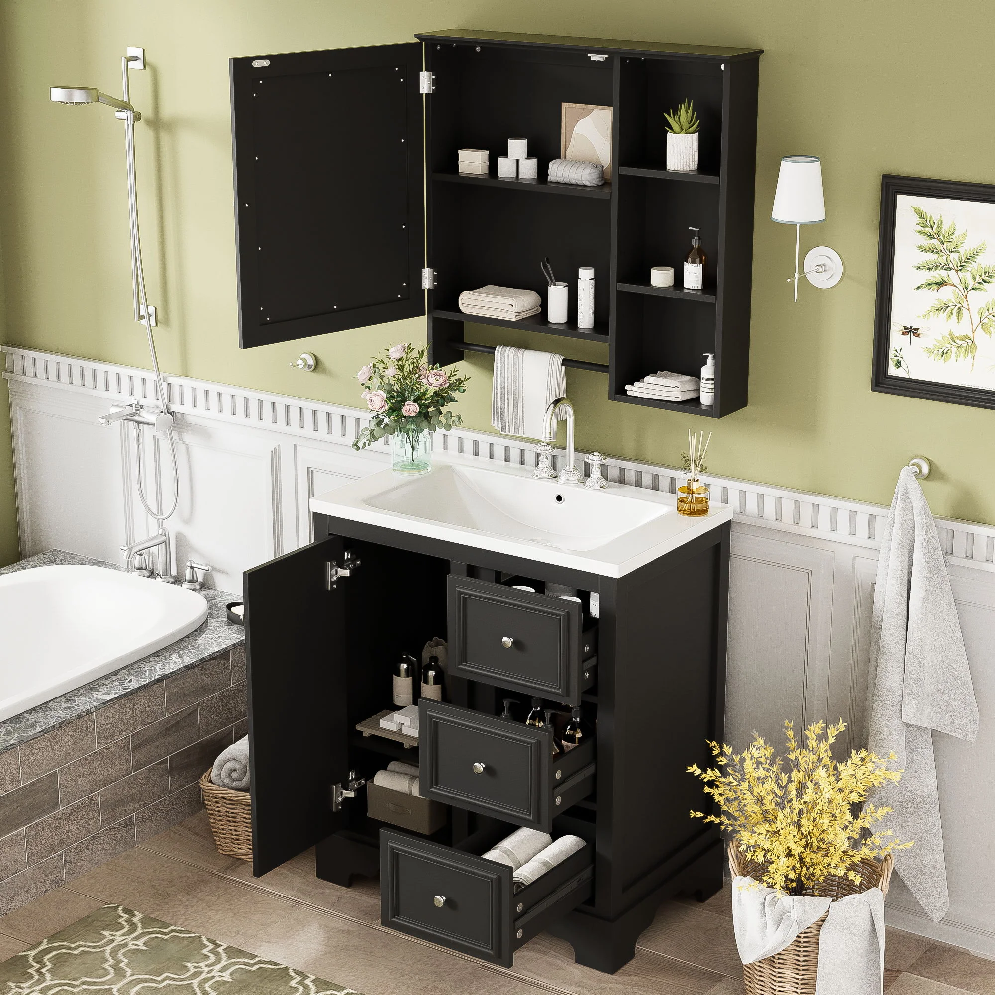 Bathroom Vanity With Sink, Modern Elegant Bathroom Storage Cabinet With 3 Drawers And Adjustable Shelves, Freestanding Vanity Set With Mirror Cabinet, Single Sink Bathroom Vanity - Image 7