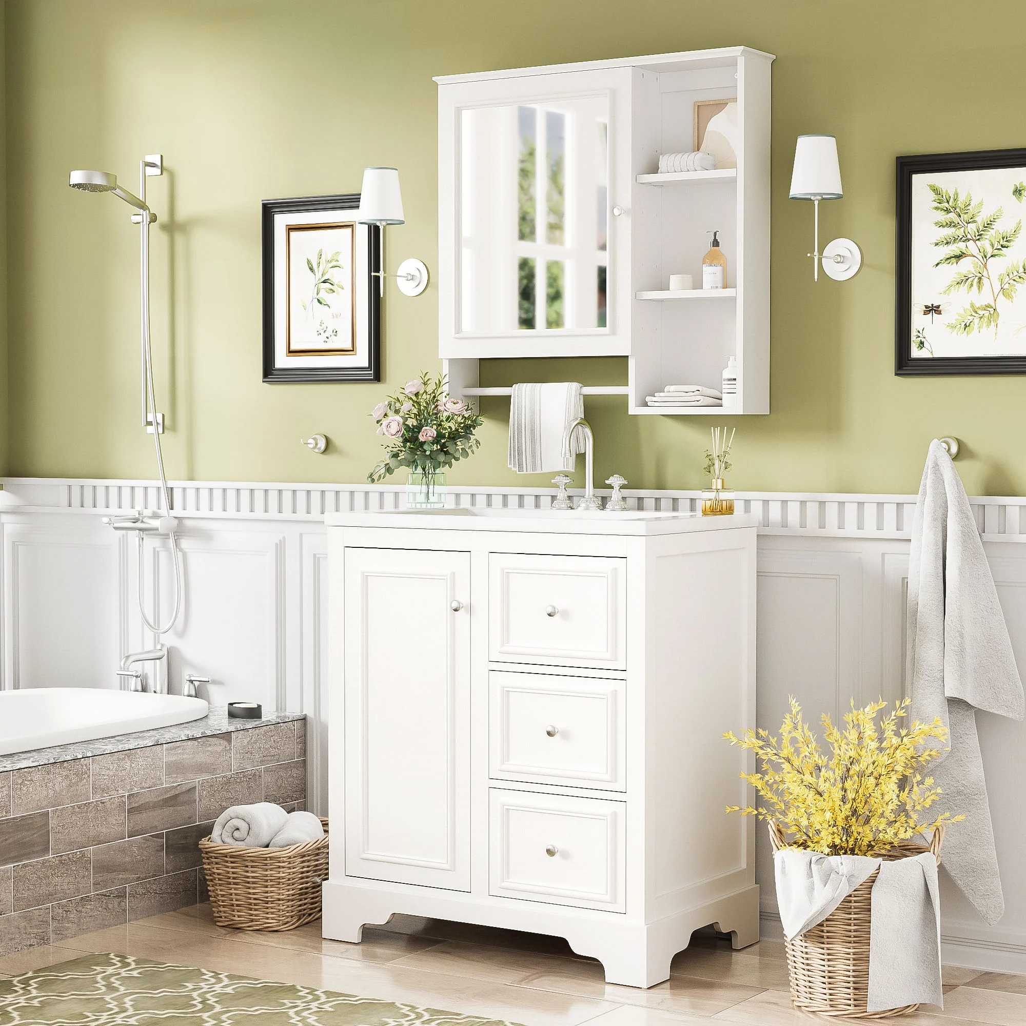 Bathroom Vanity With Sink, Modern Elegant Bathroom Storage Cabinet With 3 Drawers And Adjustable Shelves, Freestanding Vanity Set With Mirror Cabinet, Single Sink Bathroom Vanity - Image 8