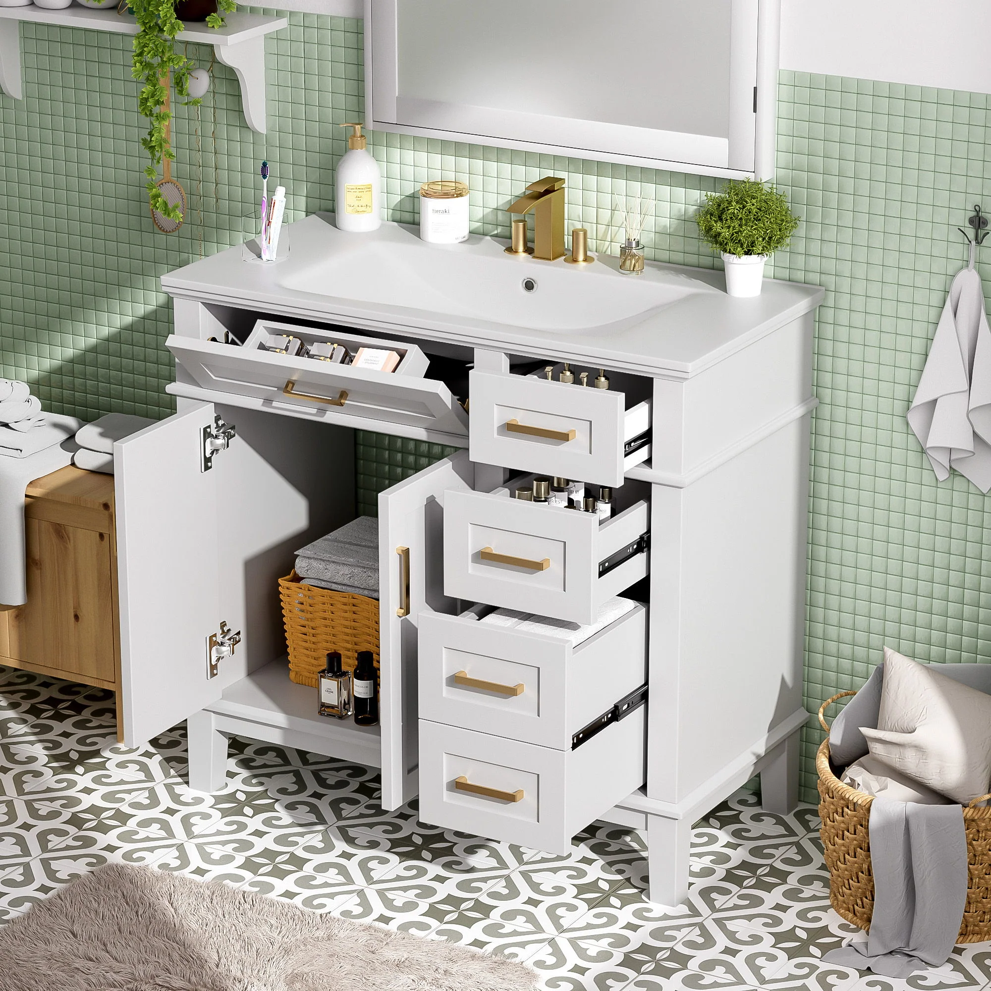 Bathroom Vanity With Sink, Soft Close Doors, 4 Storage Drawers - Image 6