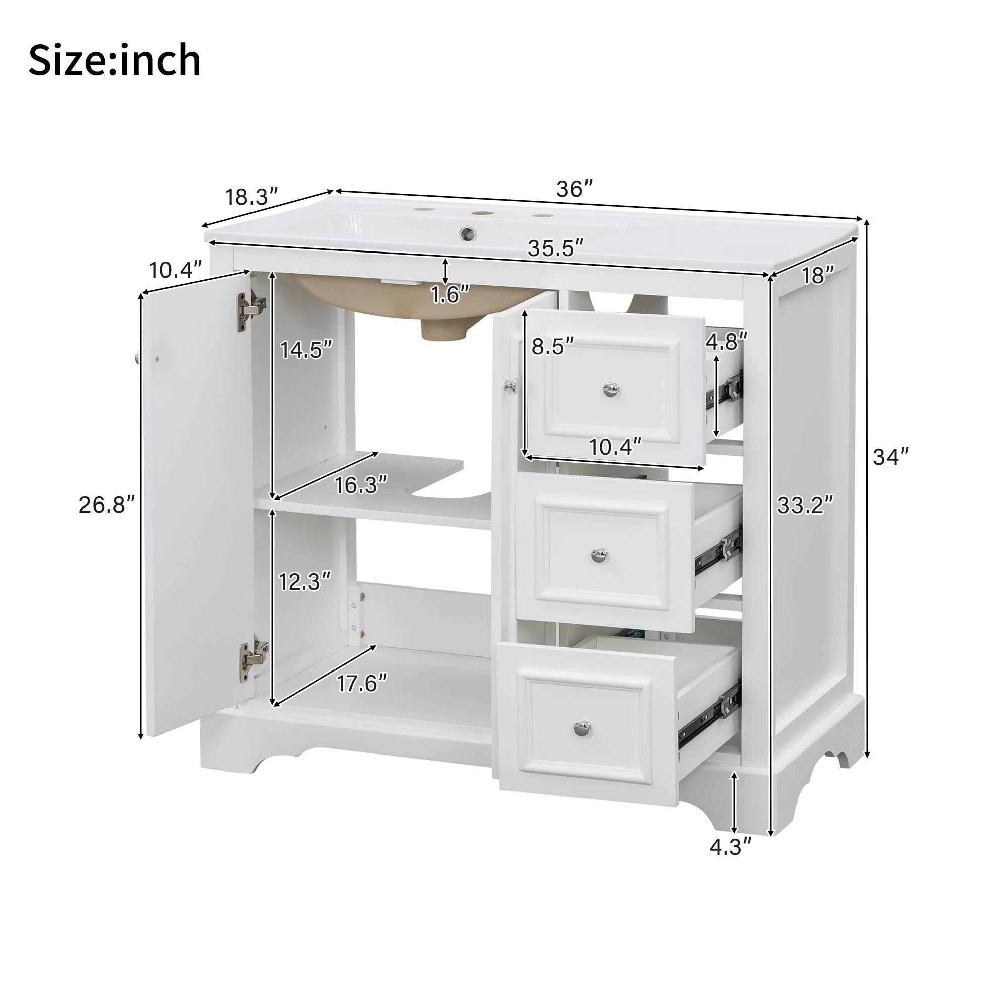 Bathroom Vanity With Sink, Soft-Close Doors, Adjustable U-Shelf, 3 Drawers - Image 5