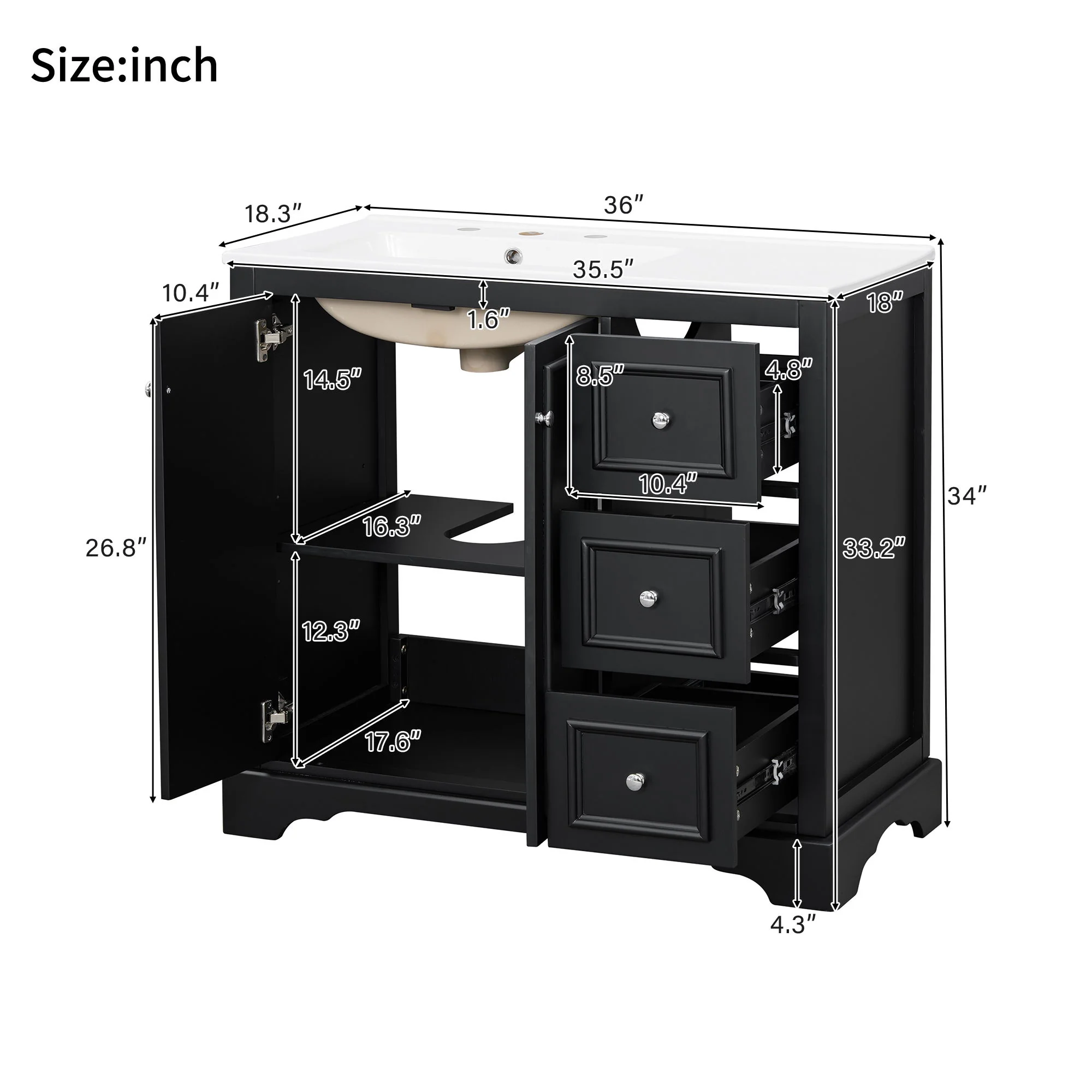 Bathroom Vanity With Sink, Soft-Close Doors, Adjustable U-Shelf, 3 Drawers - Image 8