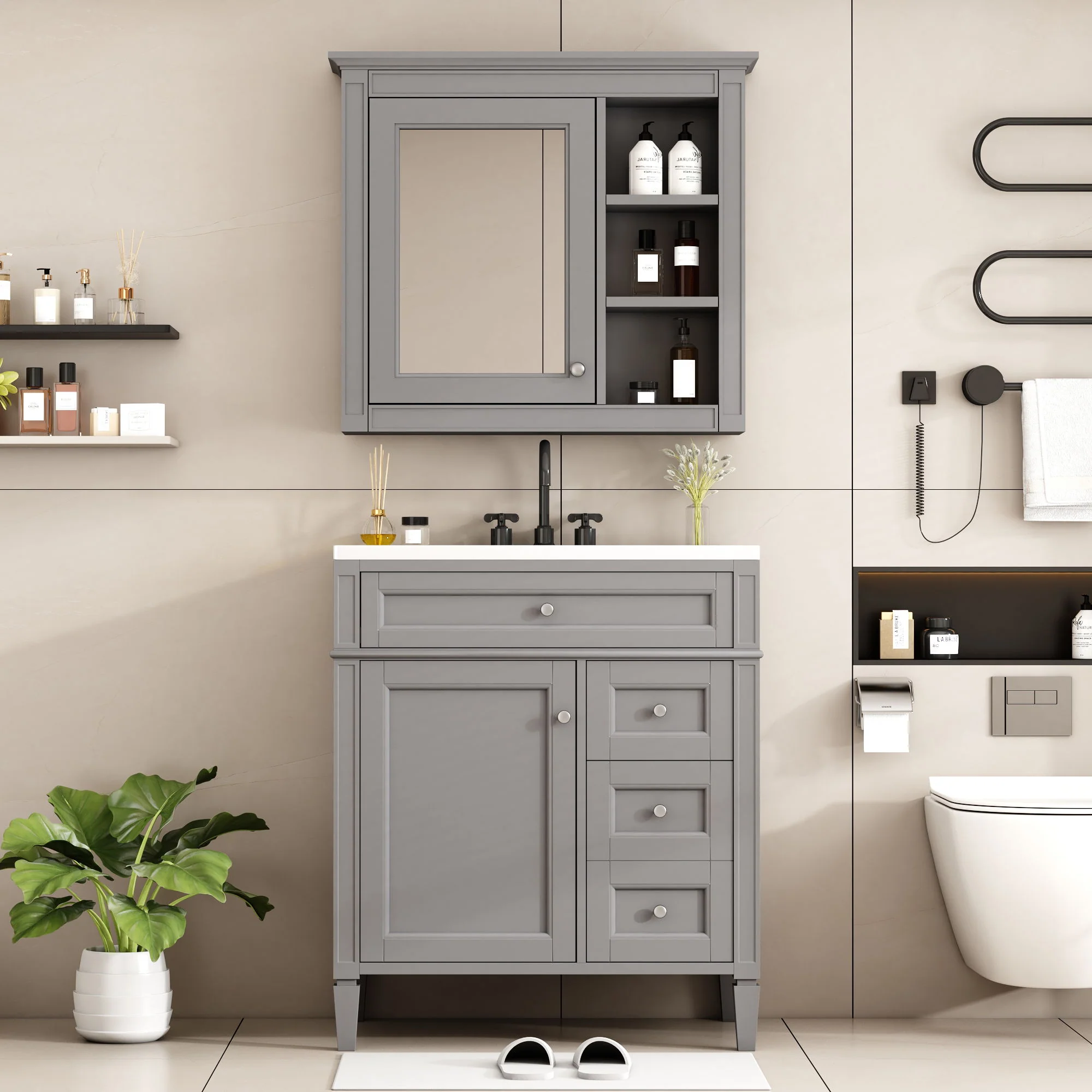 Bathroom Vanity With Top Sink, 2 Doors And 3 Drawers, Freestanding Set With Mirror Cabinet - Image 10