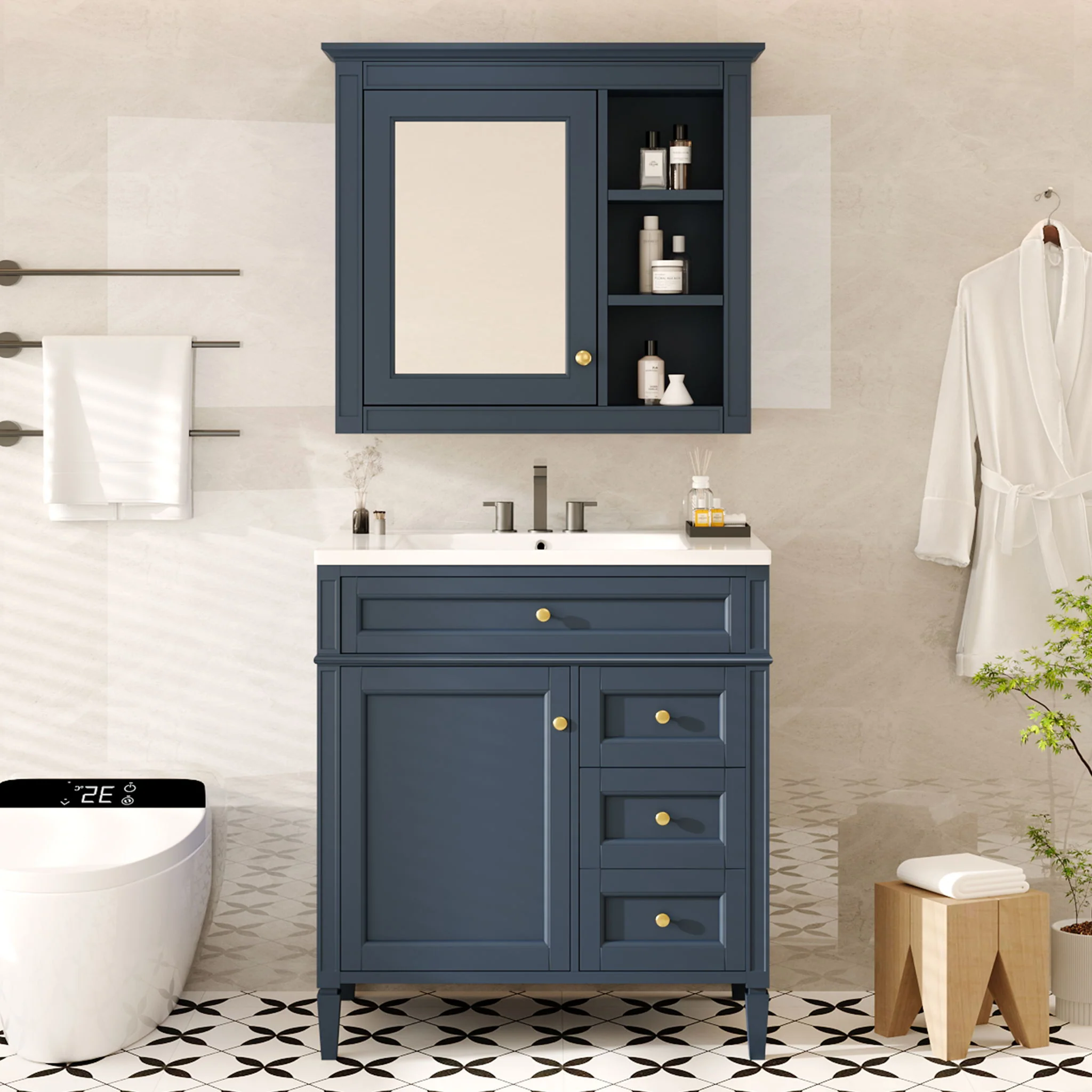Bathroom Vanity With Top Sink, 2 Doors And 3 Drawers, Freestanding Set With Mirror Cabinet - Image 18