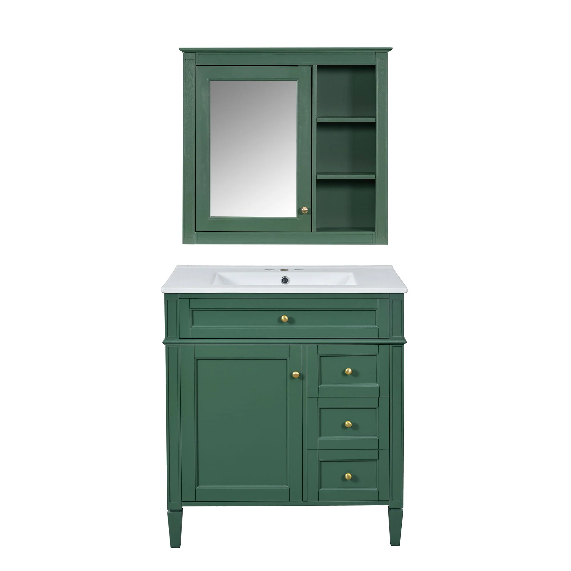 Bathroom Vanity With Top Sink, 2 Doors And 3 Drawers, Freestanding Set With Mirror Cabinet - Image 2