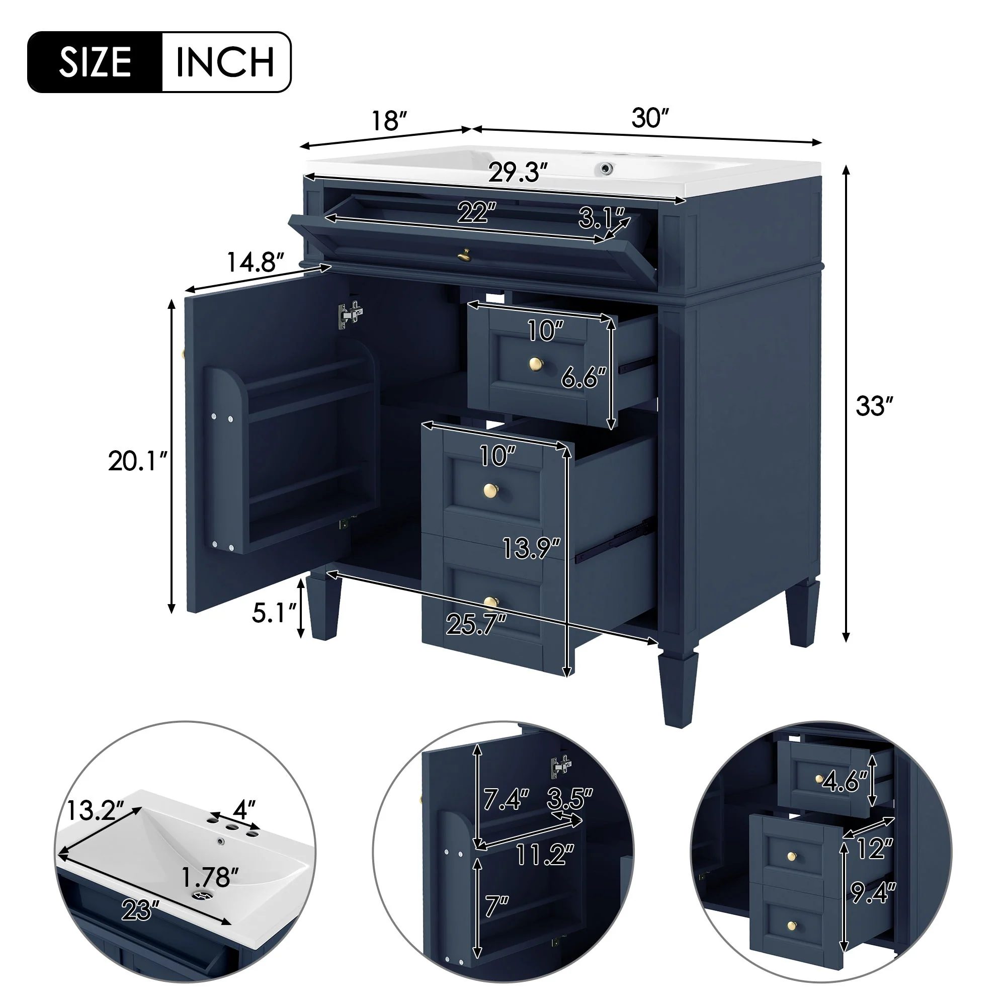 Bathroom Vanity With Top Sink, 2 Drawers And Tip Out Drawer, Rectangular Design - Image 11