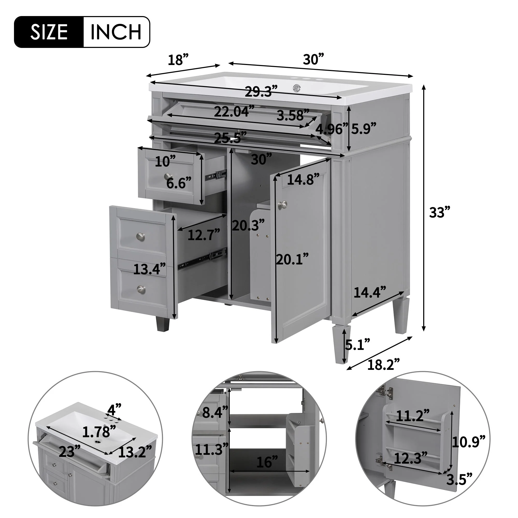 Bathroom Vanity With Top Sink, 2 Drawers And Tip Out Drawer, Rectangular Design - Image 16