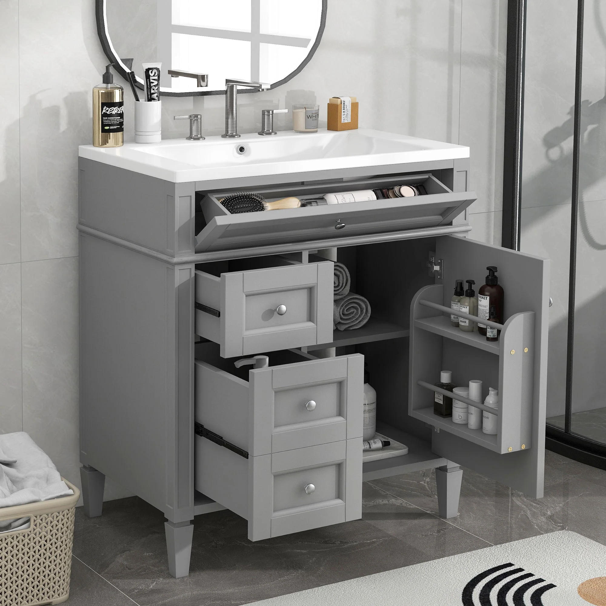 Bathroom Vanity With Top Sink, 2 Drawers And Tip Out Drawer, Rectangular Design - Image 20