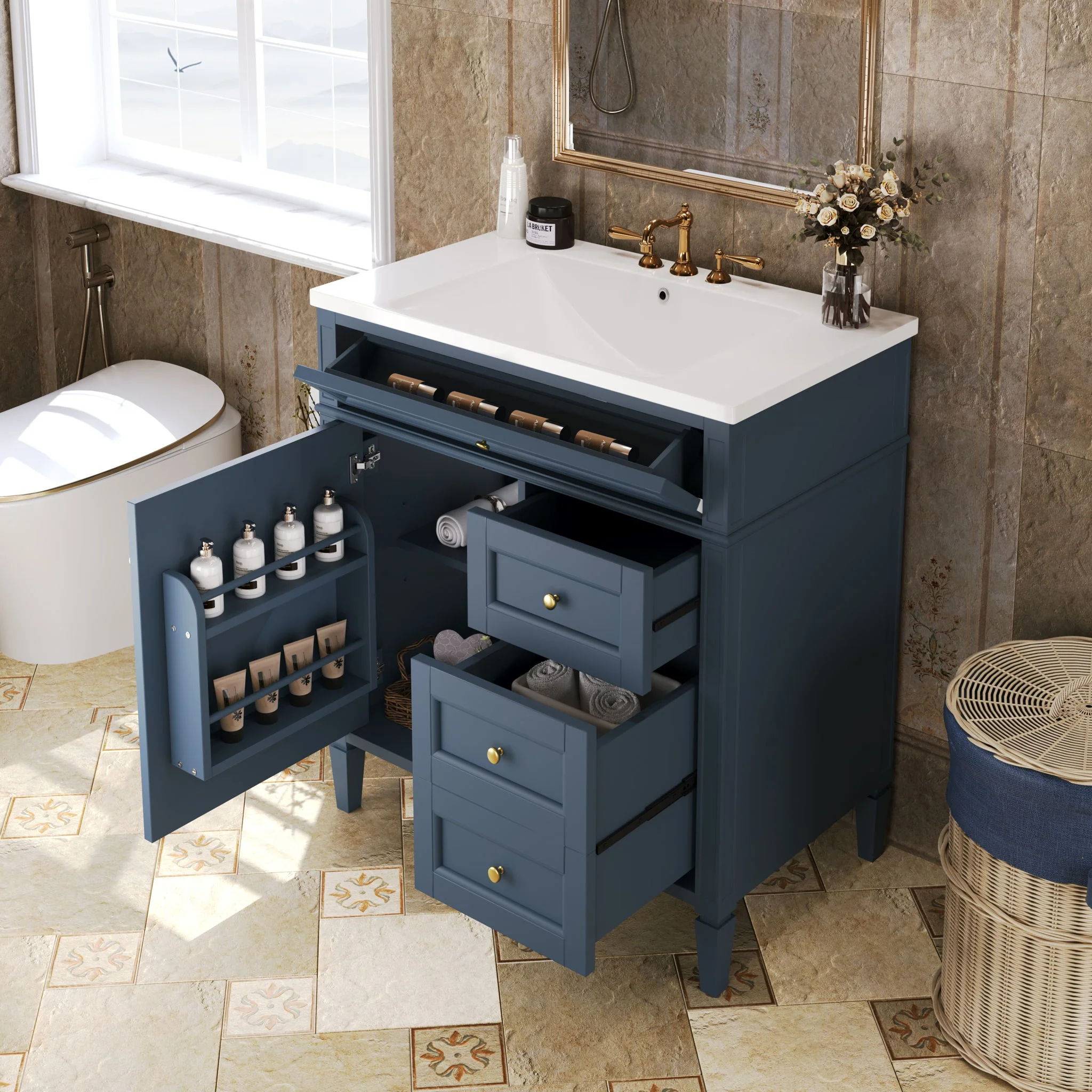 Bathroom Vanity With Top Sink, 2 Drawers And Tip Out Drawer, Rectangular Design - Image 9