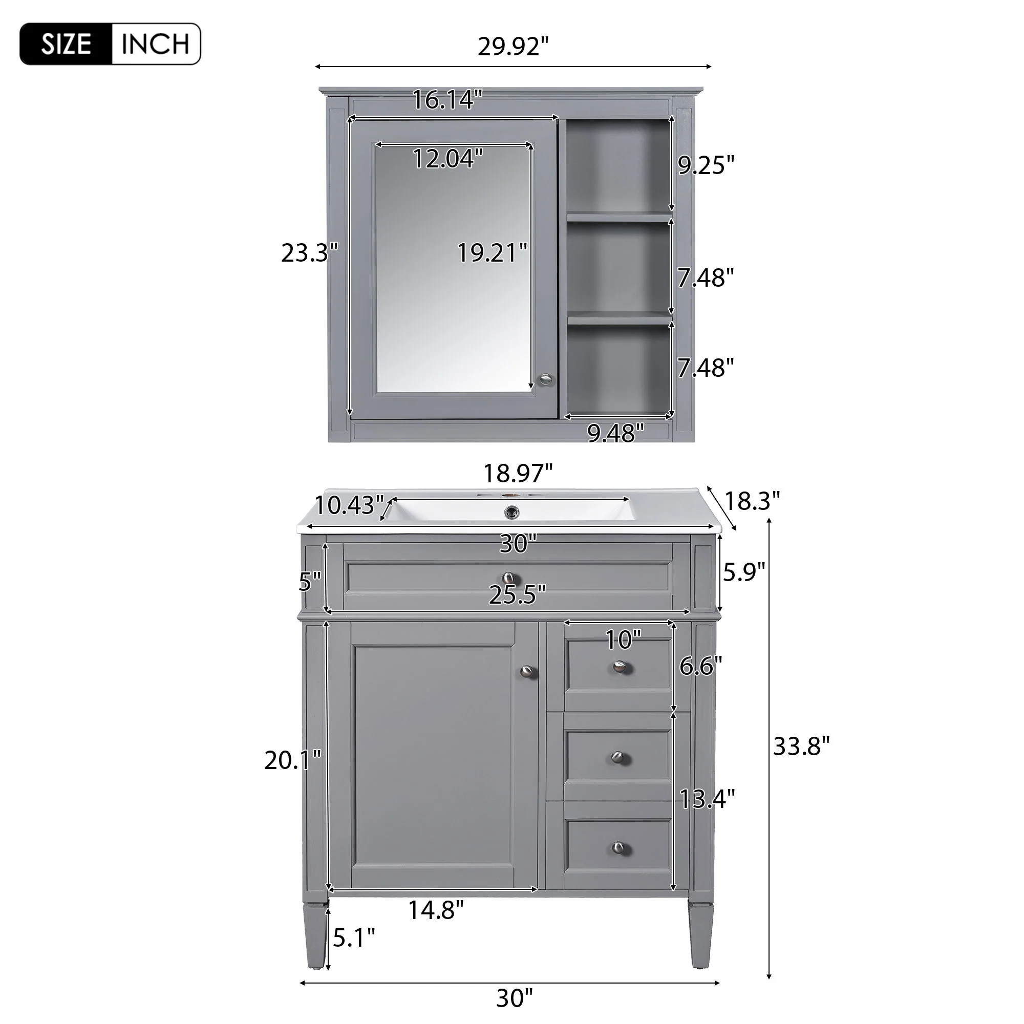 Bathroom Vanity With Top Sink, Freestanding Storage Cabinet With 2 Doors And 3 Drawers, Mirror Cabinet Included - Gray - Image 4