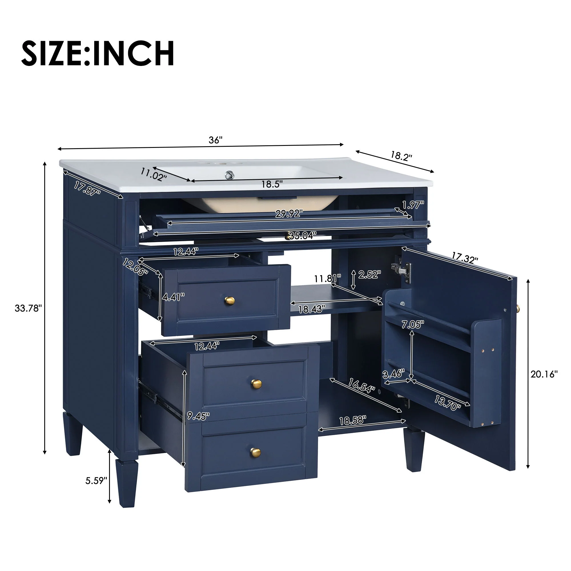 Bathroom Vanity With Top Sink, Modern Bathroom Storage Cabinet, 2 Drawers And A Tip-Out Drawer, Single Sink Bathroom Vanity - Blue - Image 3