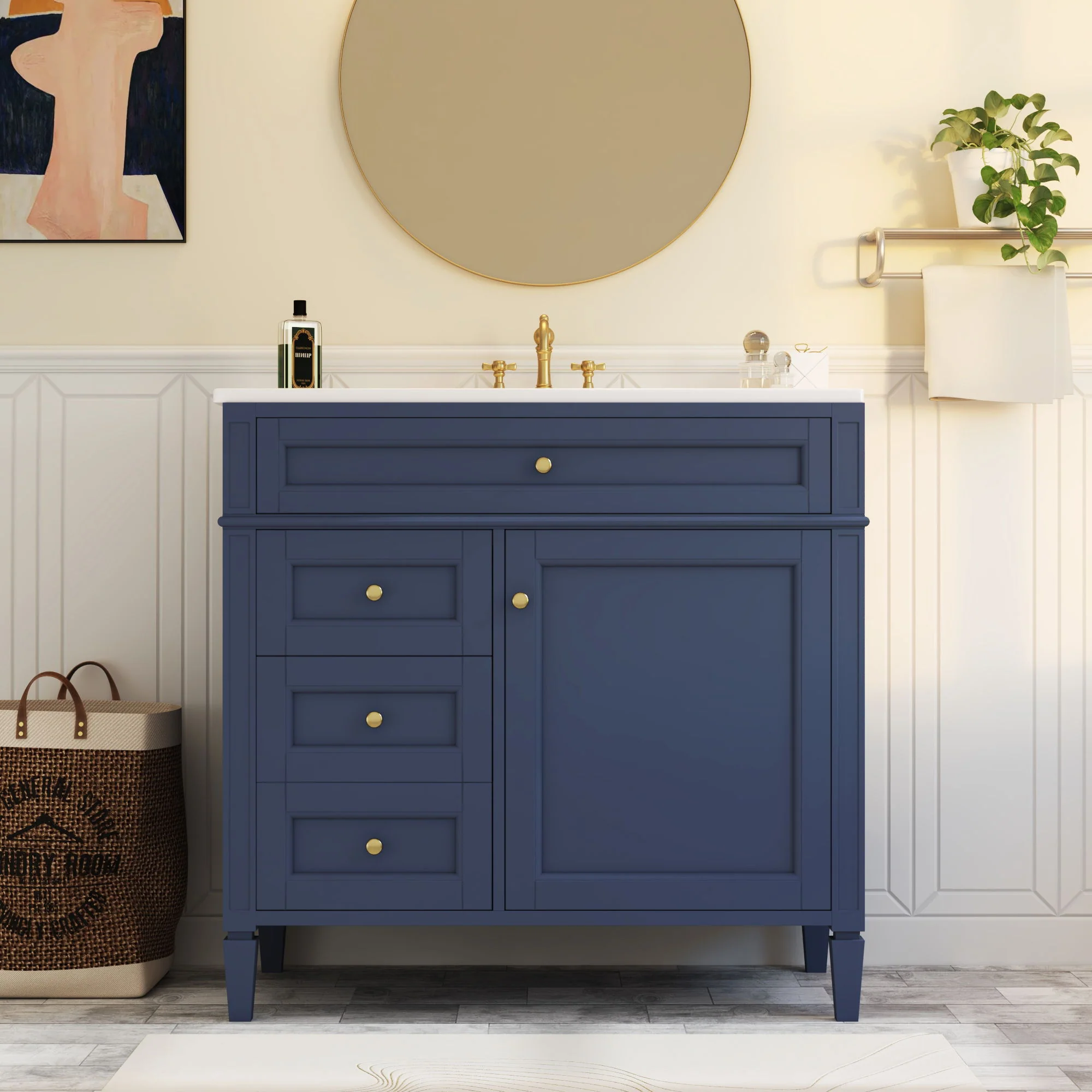 Bathroom Vanity With Top Sink, Modern Bathroom Storage Cabinet, 2 Drawers And A Tip-Out Drawer, Single Sink Bathroom Vanity - Blue - Image 4