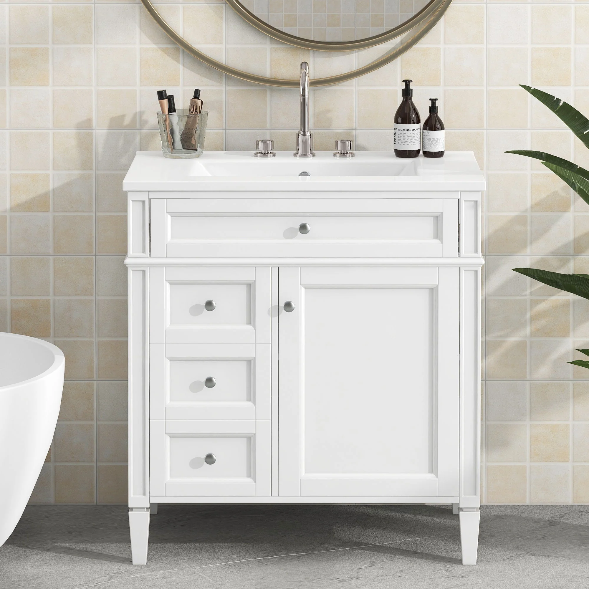 Bathroom Vanity With Top Sink, Modern Bathroom Storage Cabinet With 2 Drawers And A Tip-Out Drawer - Image 3