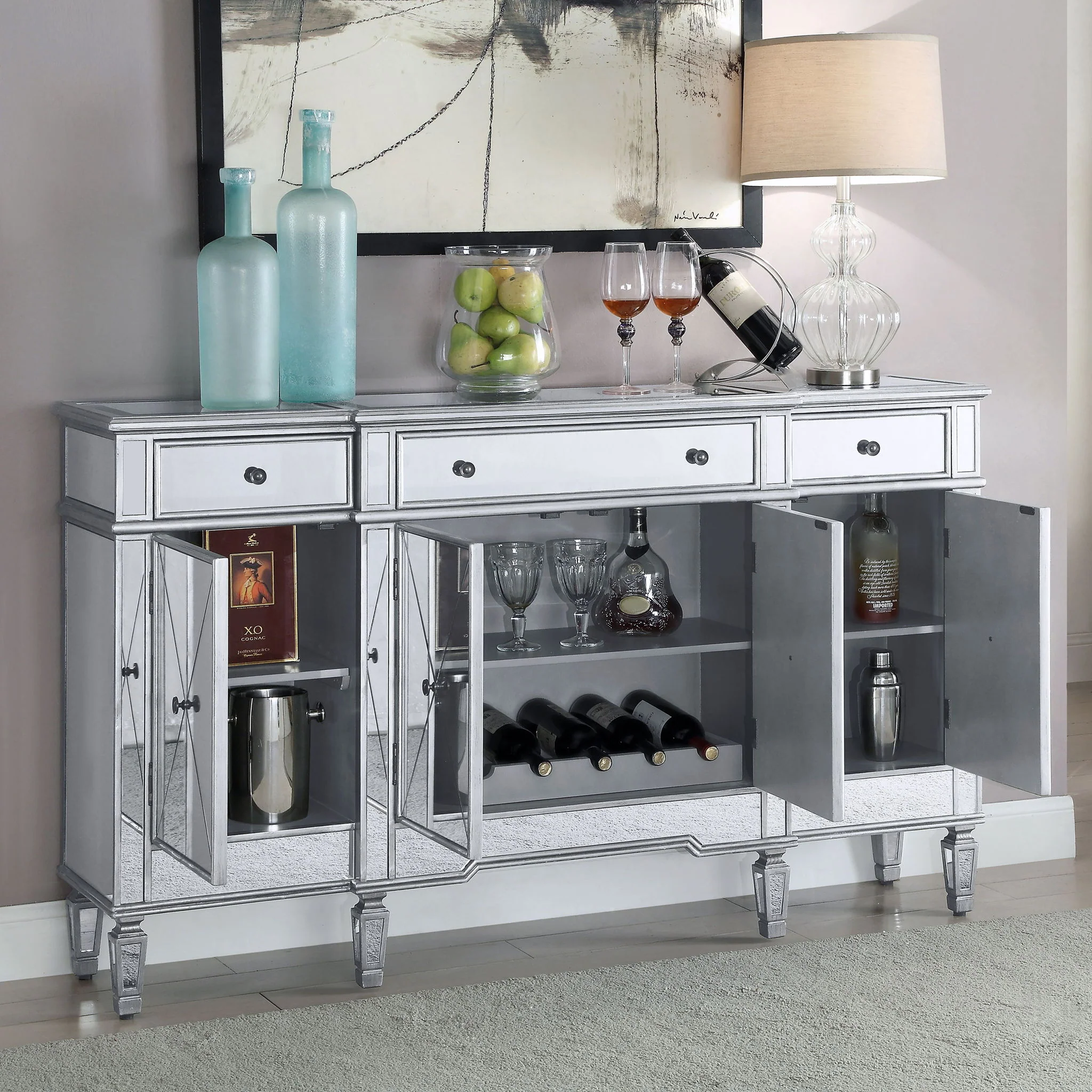 Battista - Mirrored 3 Drawer Wine Cabinet - Silver - Image 2