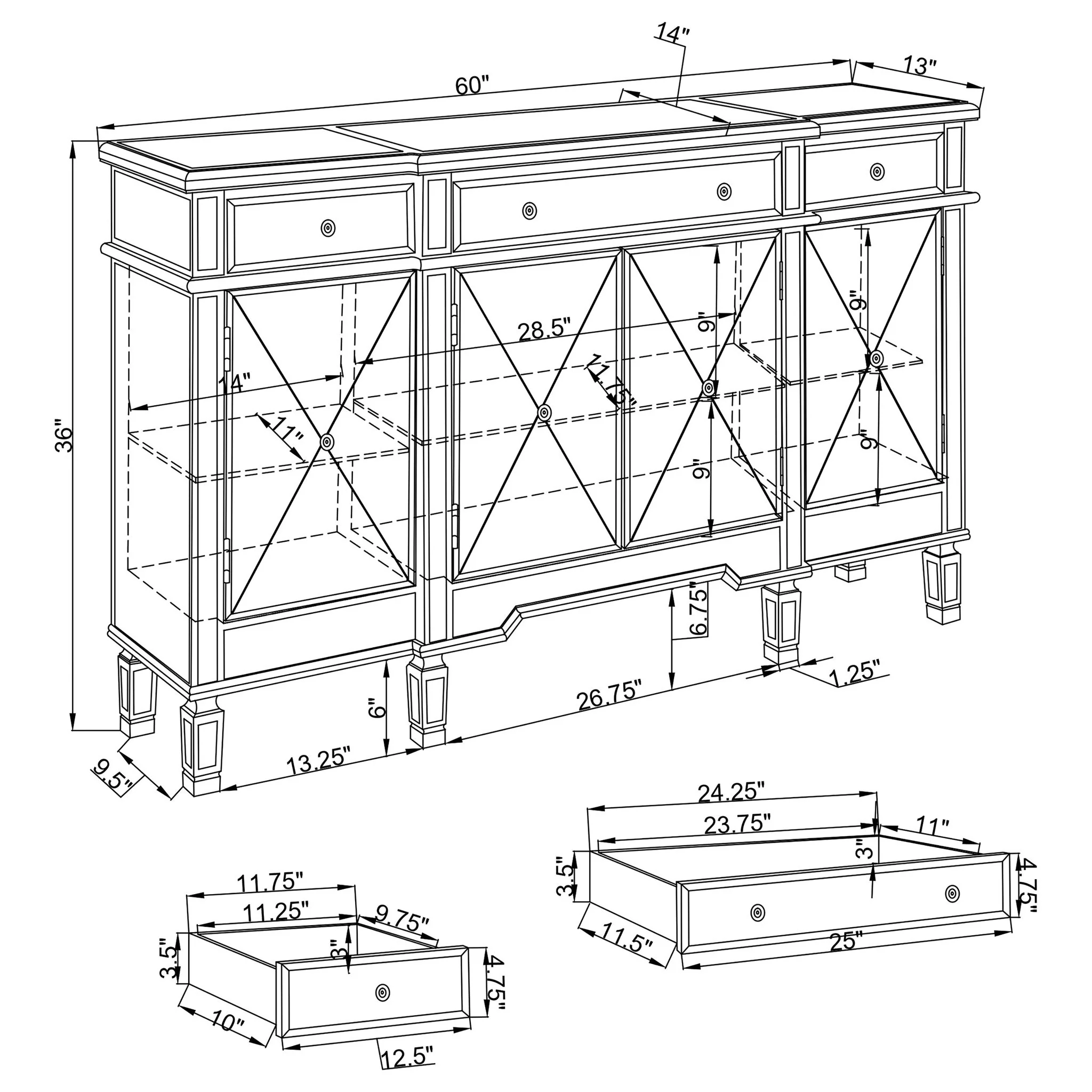 Battista - Mirrored 3 Drawer Wine Cabinet - Silver - Image 3