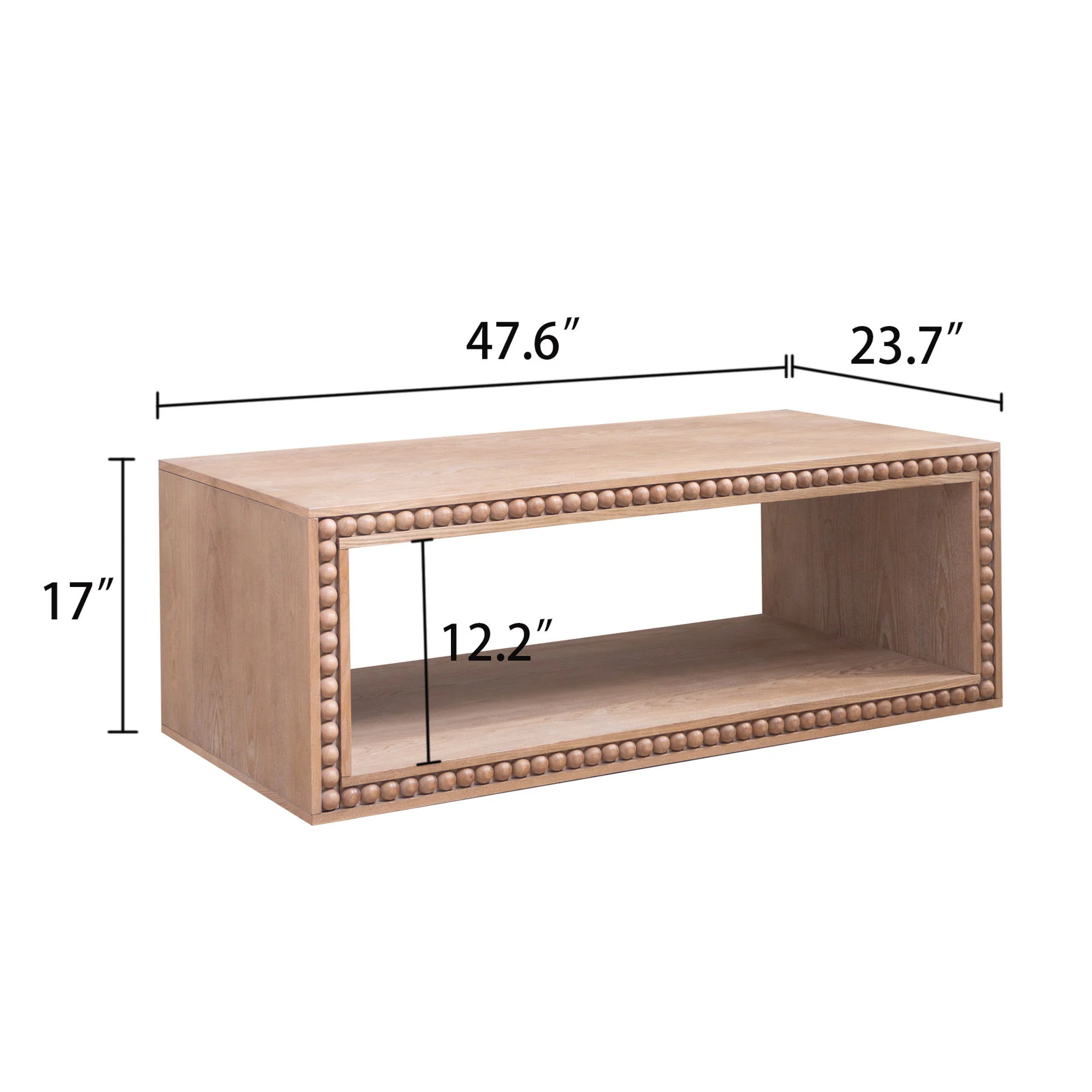 Beaded Edge Coffee Table, Rectangular Center Table With Open Storage Shelf - Antique Natural / Light Natural / Natural - Image 4