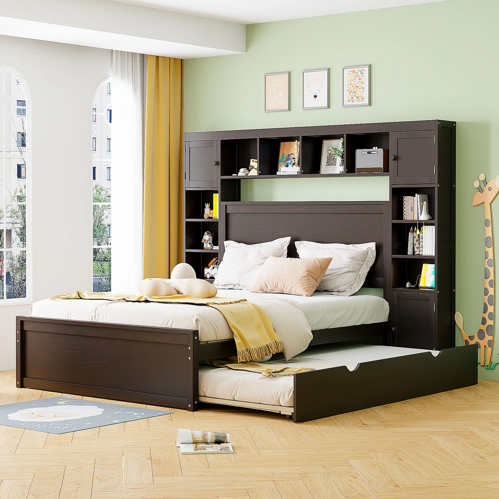Bed With All In One Cabinet, Shelf And Sockets, Twin Long Trundle - Image 2