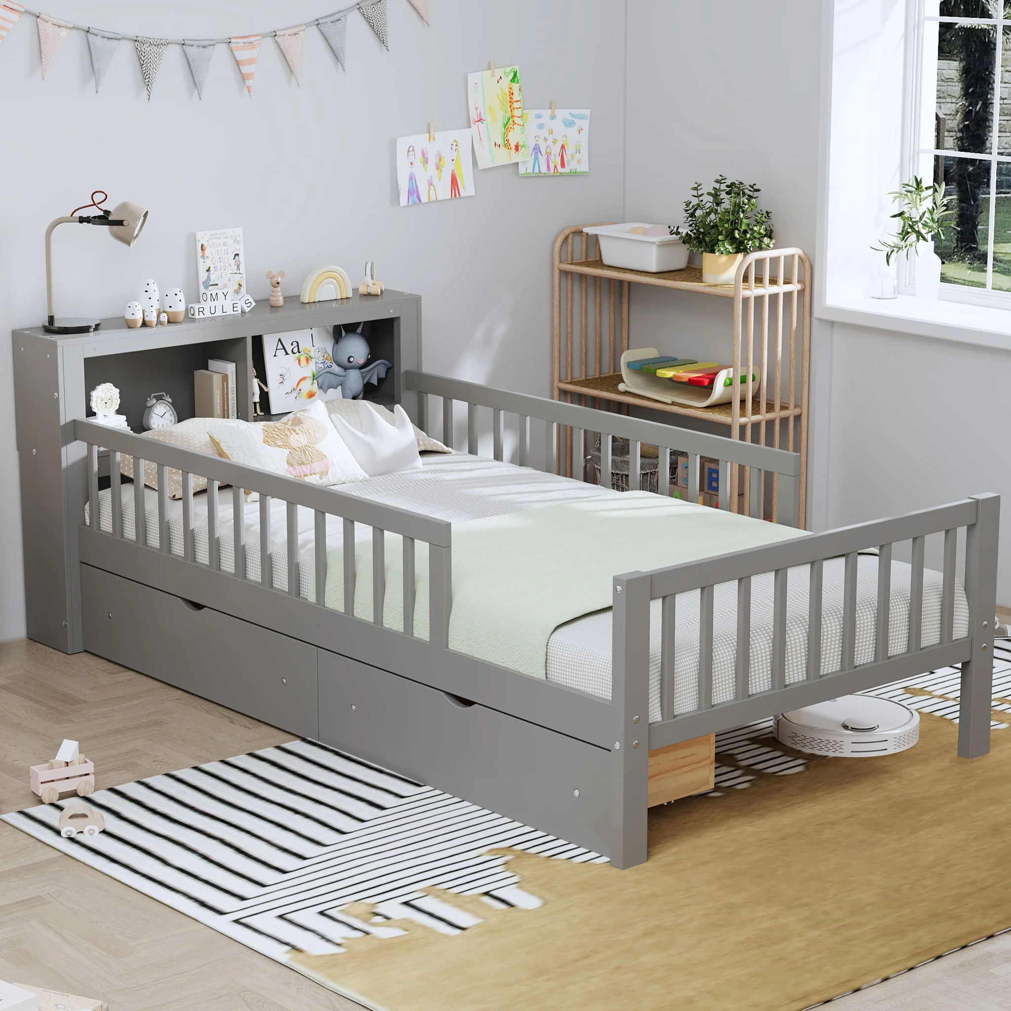 Bed With Headboard Storage Rack, 2 Under Bed Drawers, 3 Side Guardrails For Safety - Image 6