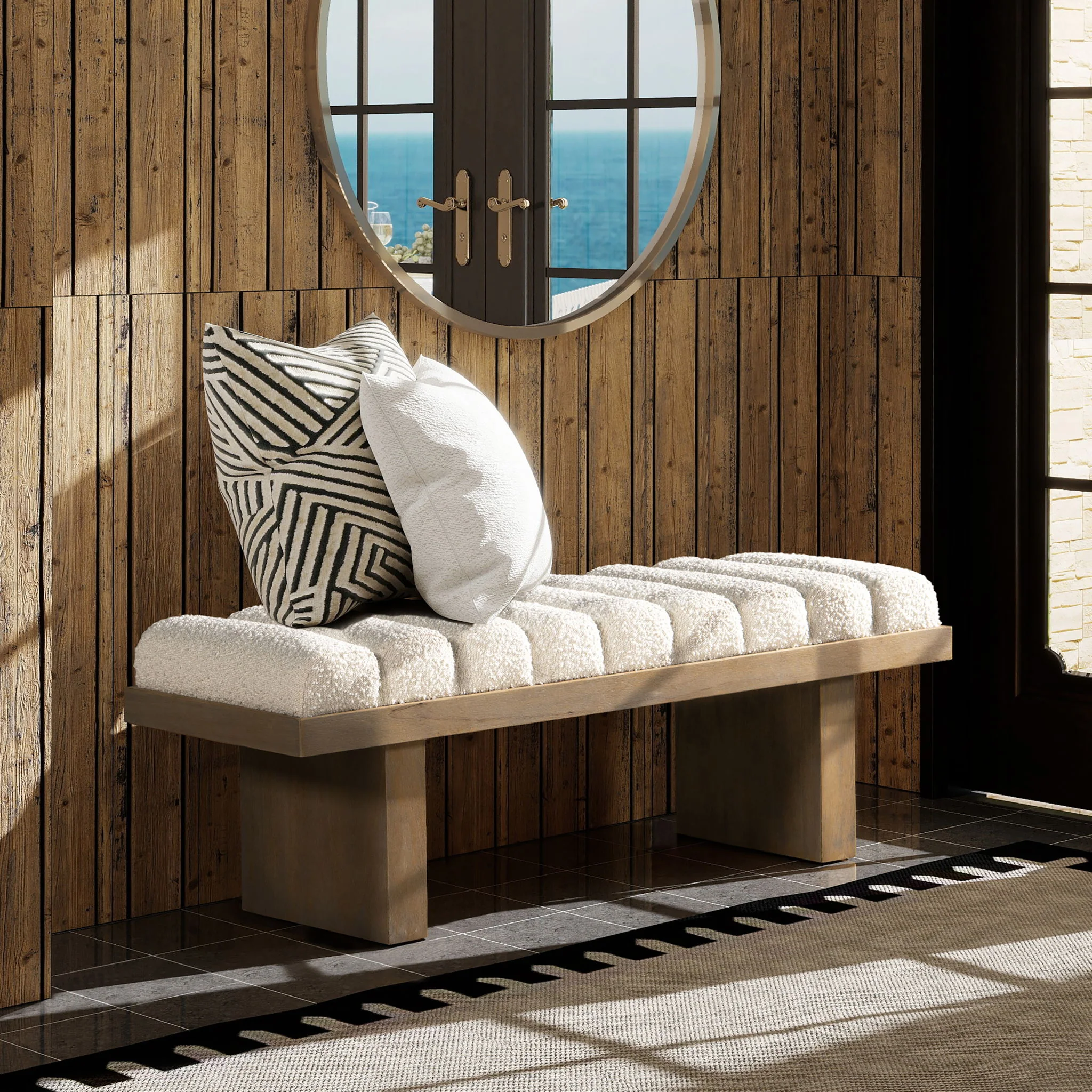 Bella - Upholstered Modern Accent Bench - Ivory White - Image 2