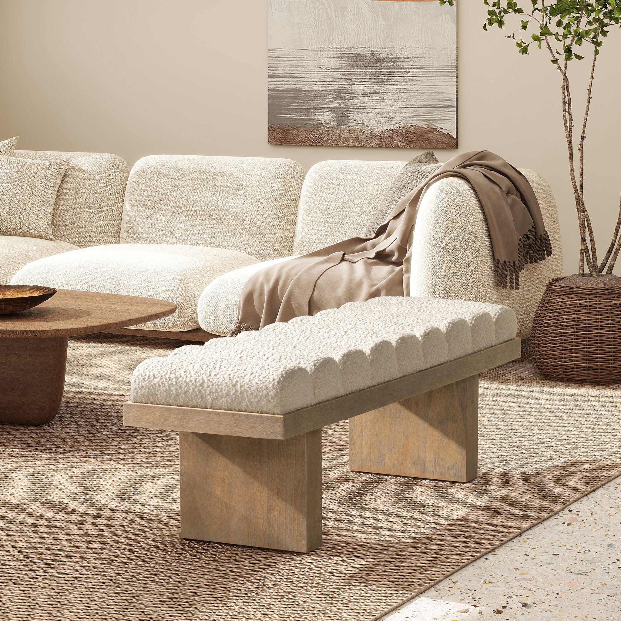 Bella - Upholstered Modern Accent Bench - Ivory White - Image 4