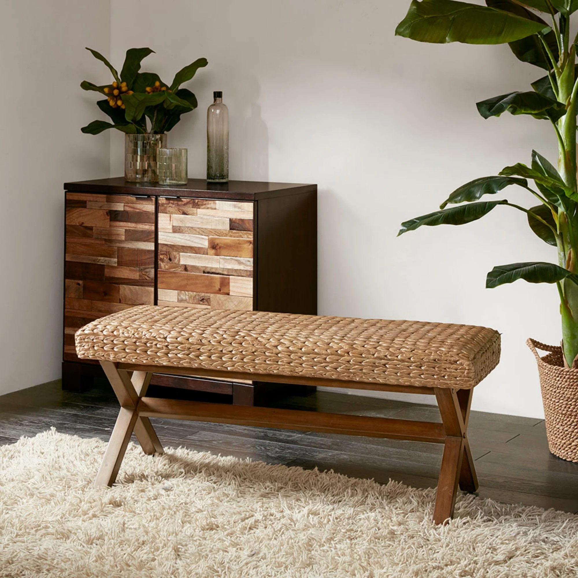 Bench With Water Hyacinth Seat - Brown - Image 3