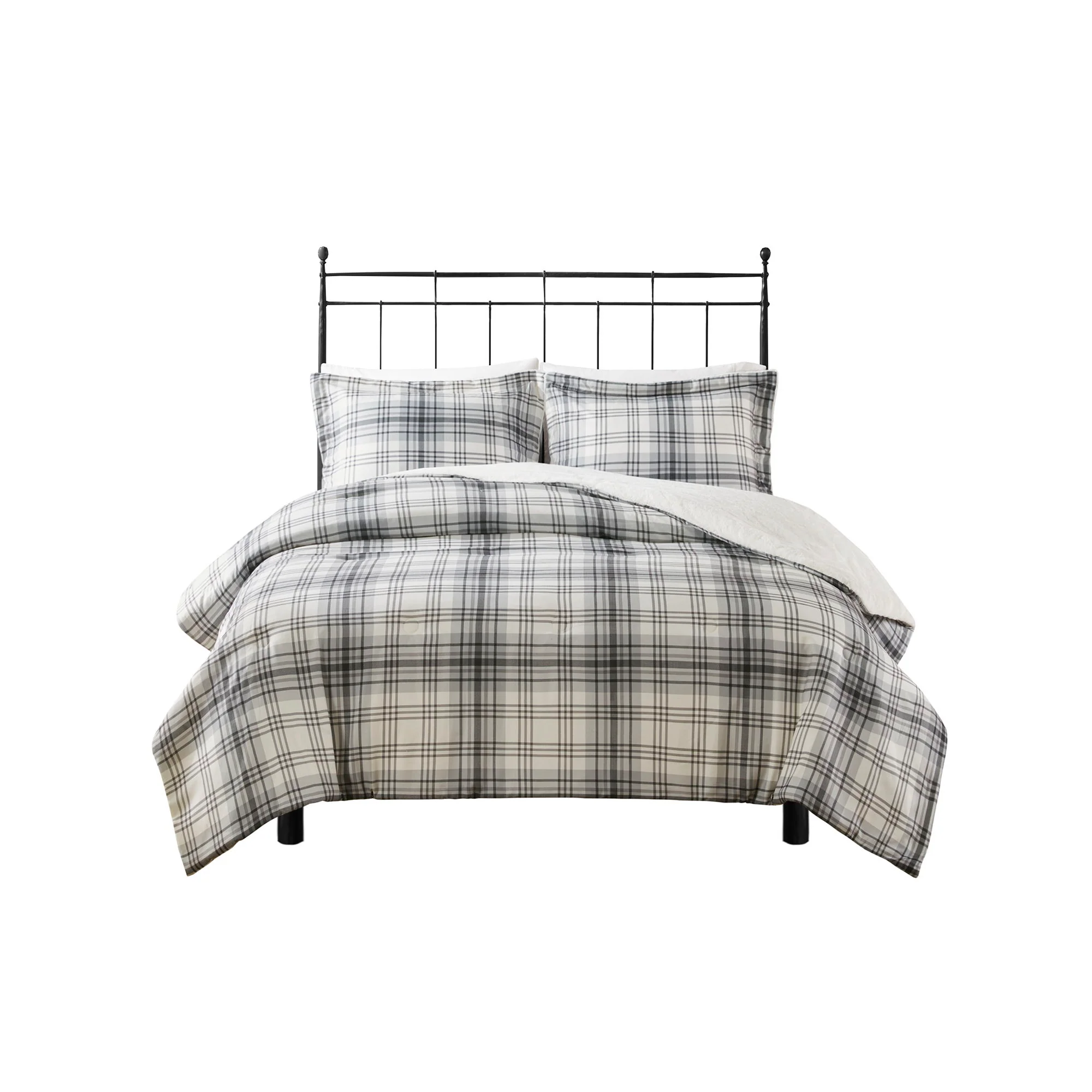 Bernston - Faux Wool to Faux Fur Down Alternative Queen Comforter Set - Gray Plaid - Image 3