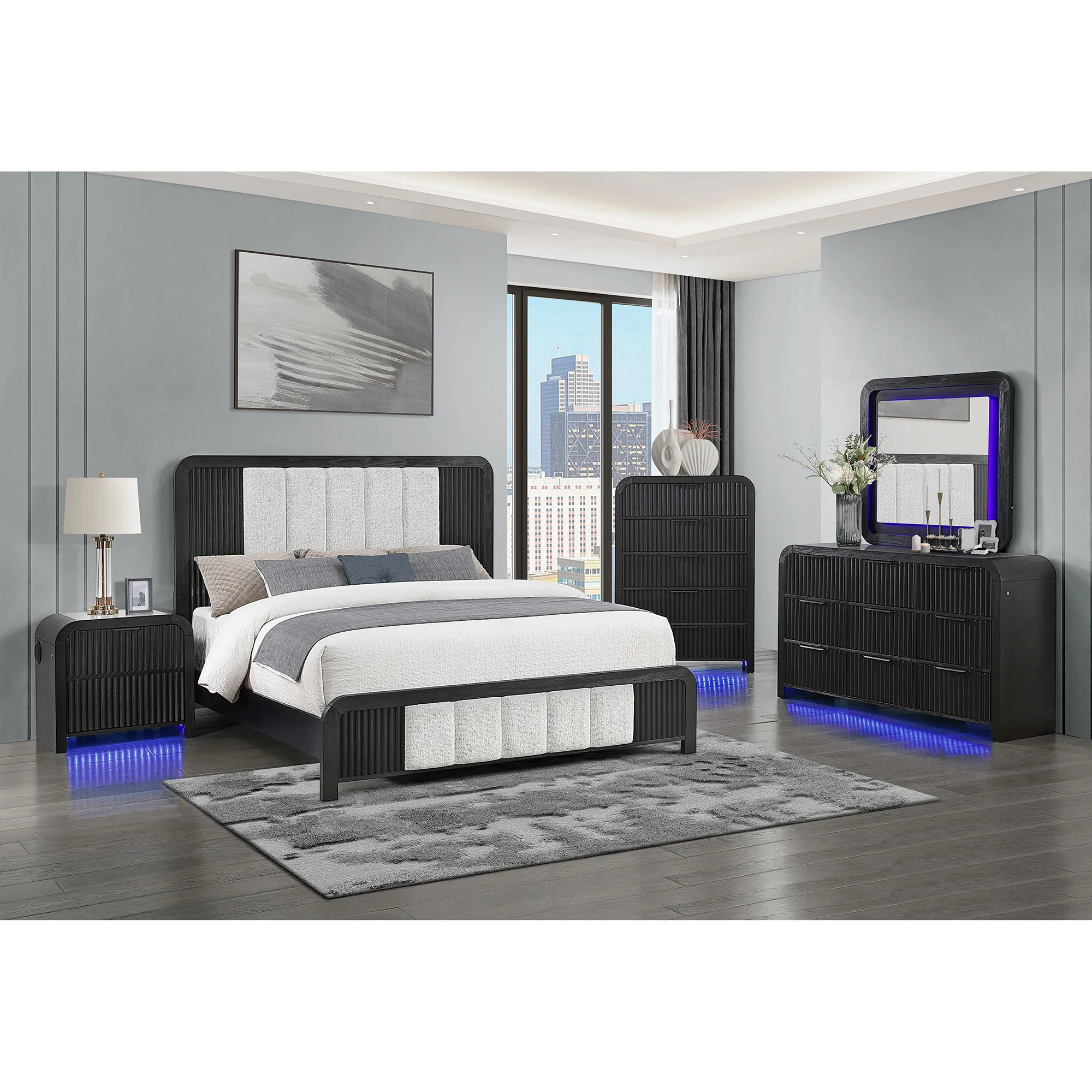 Beverly - Dresser With LED Light, Edge Pulls - White / Black - Image 3