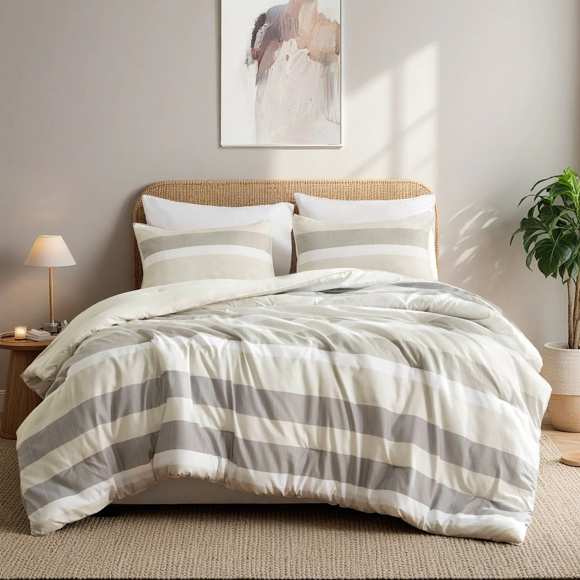 Blais - Stripe Textured Print Comforter Set - Neutral
