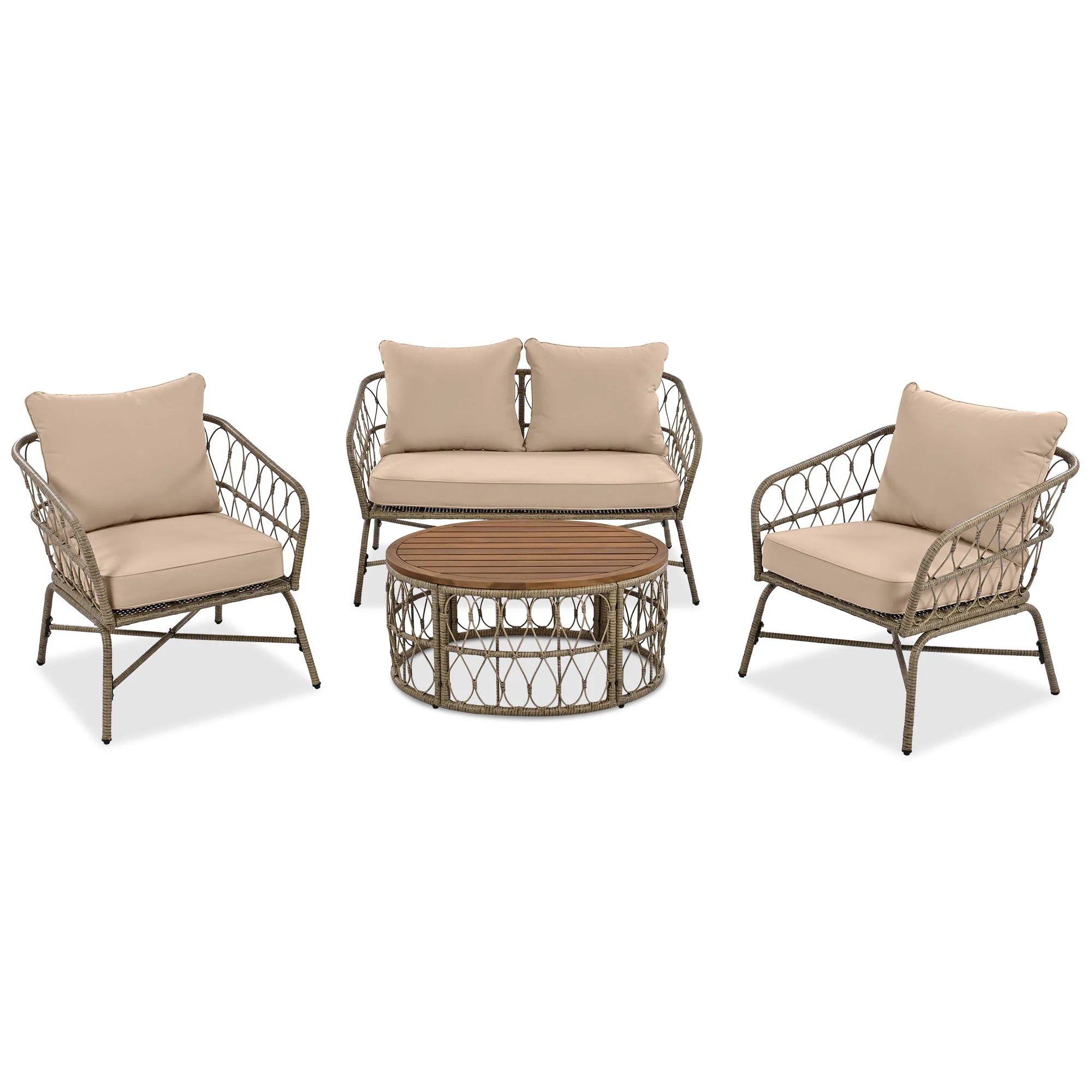 Bohemia-Inspired 4 Person Outdoor Seating Group With Removable Cushions, Conversation Patio Set With Wood Tabletop - Beige - Image 3