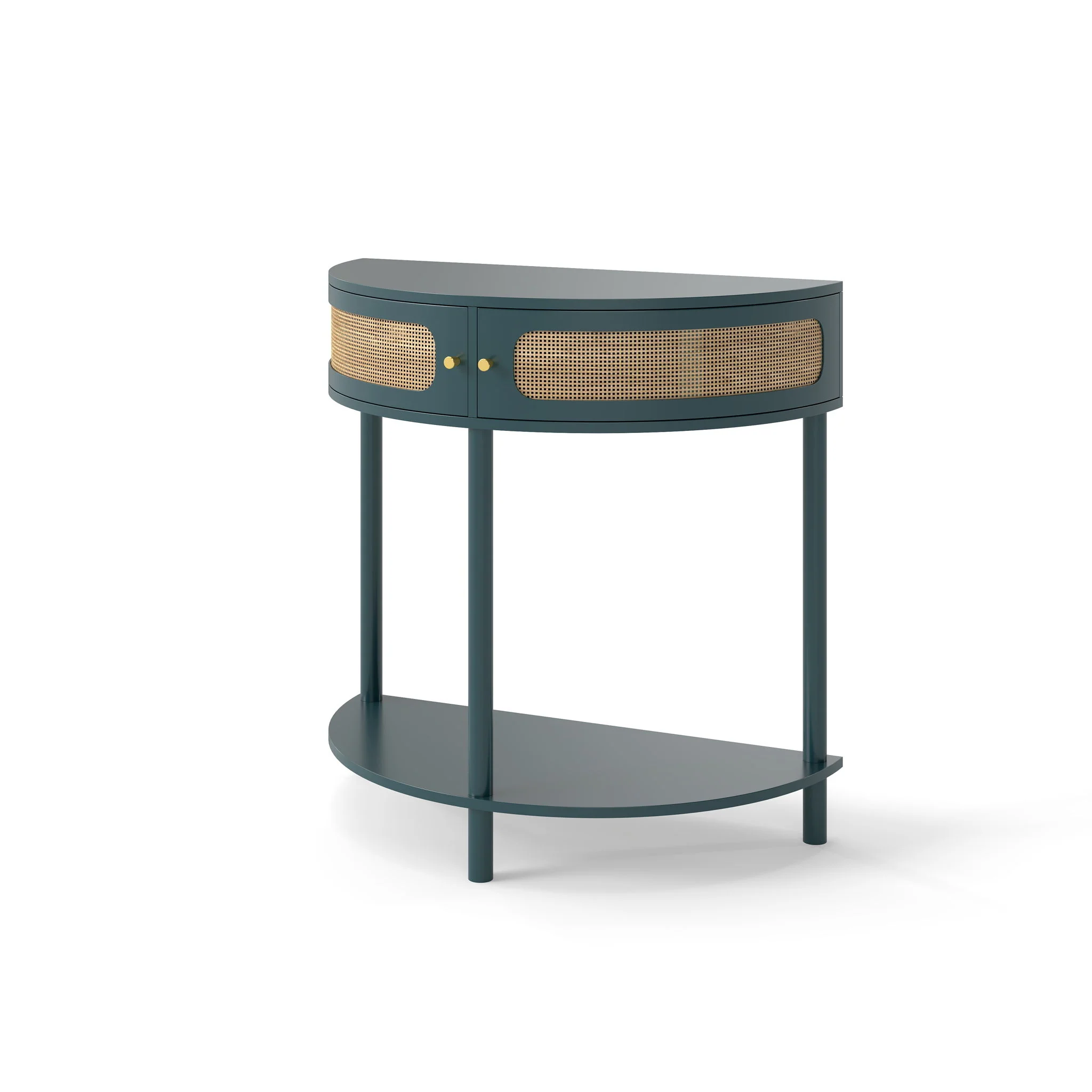 Boho Rattan Semi Circle End Table With Sliding Rattan Door, Storage And Bottom Shelf - Image 2