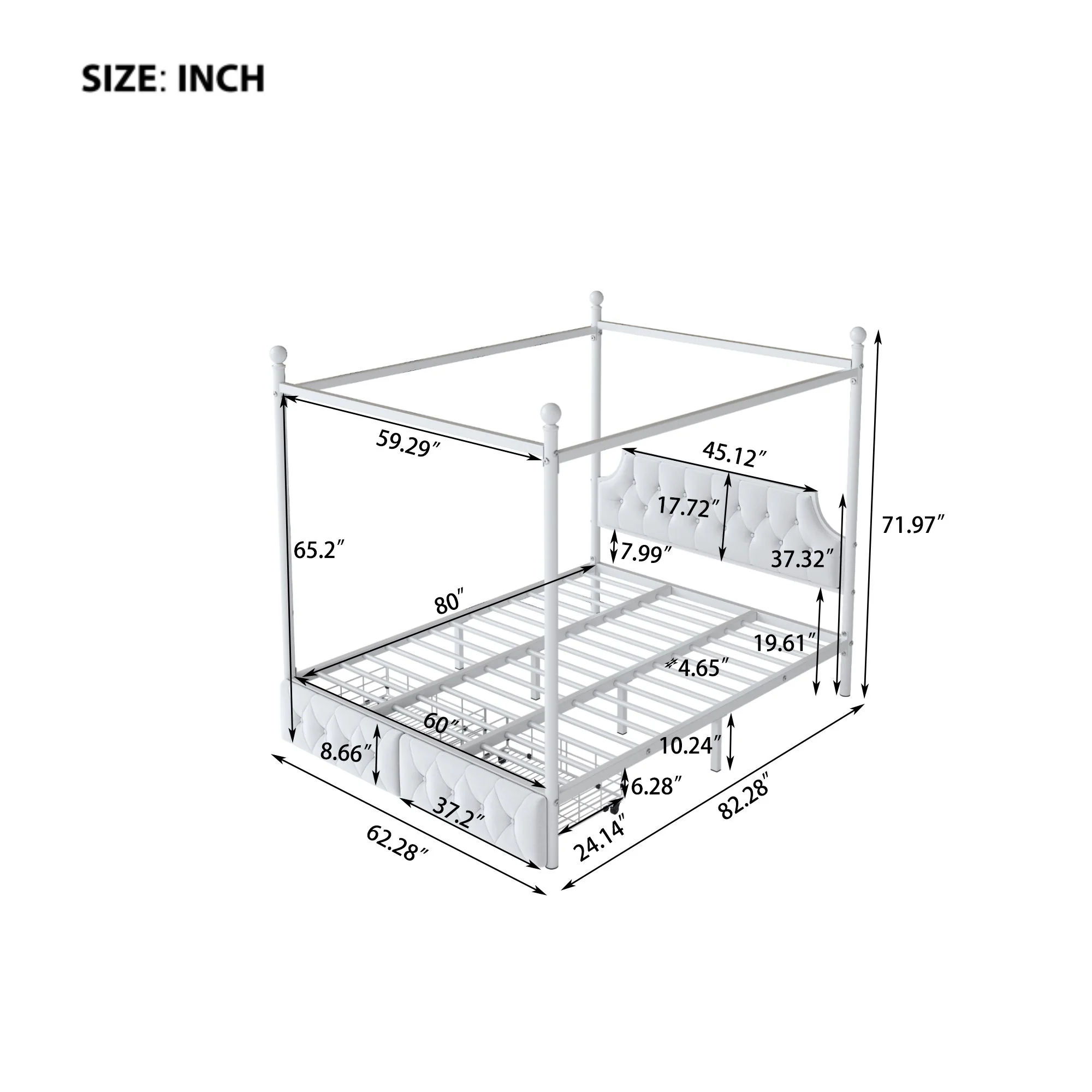 Queen Size Canopy Platform Bed With Upholstered Headboard And 2 Storage Drawers - White - Image 2