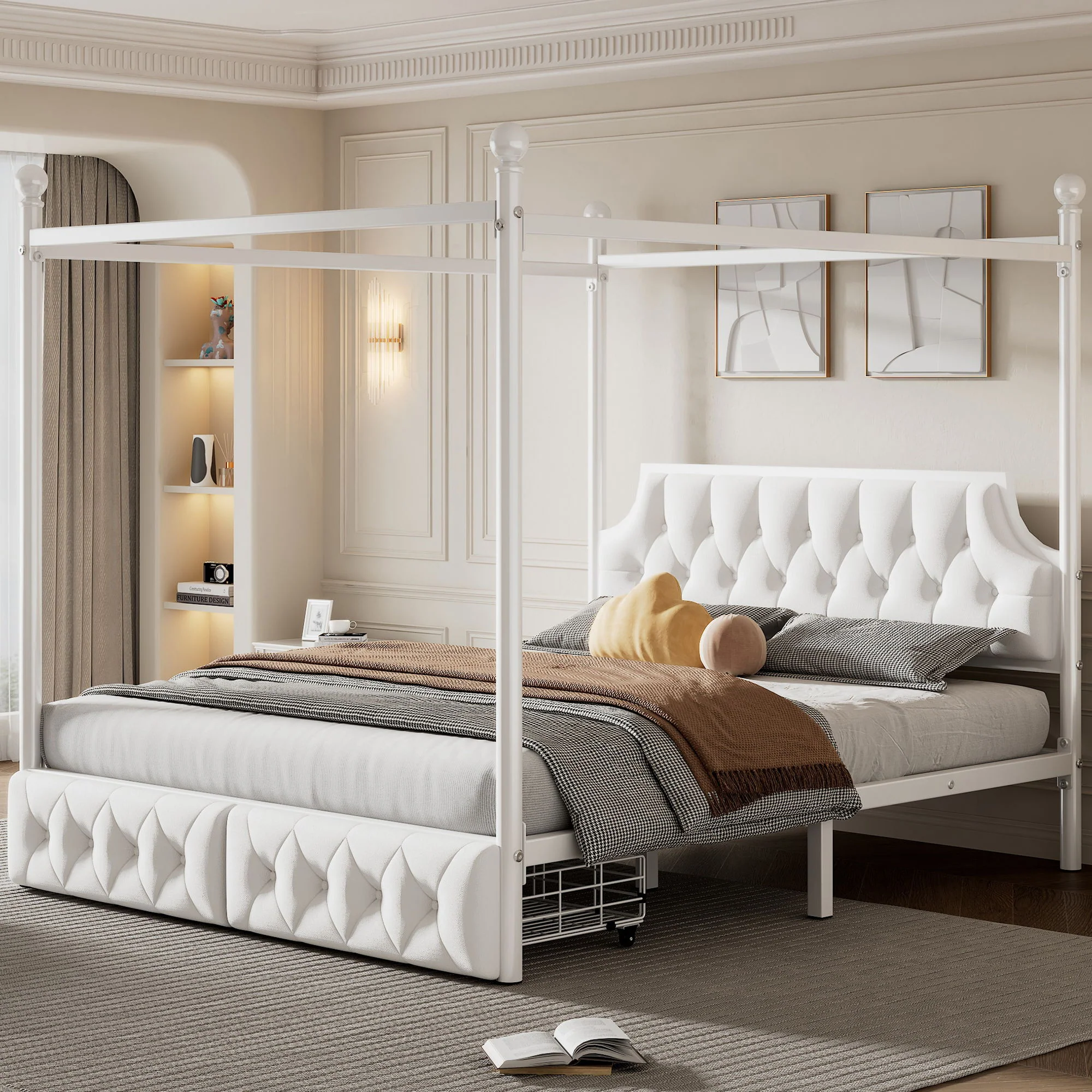 Queen Size Canopy Platform Bed With Upholstered Headboard And 2 Storage Drawers - White - Image 4