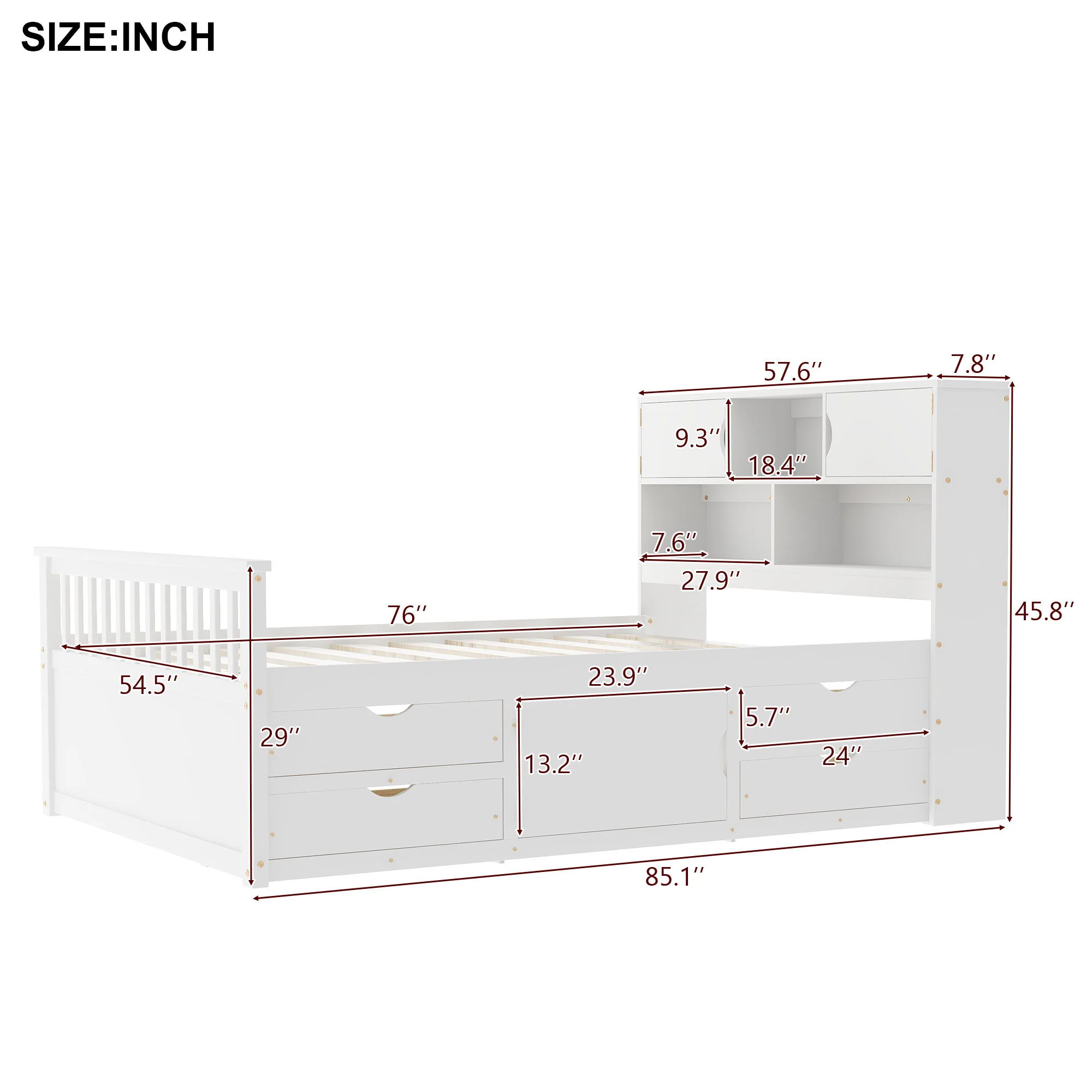 Captain Platform Bed Frame With Bookcase Headboard, 4 Drawers, Storage Shelves - Image 8