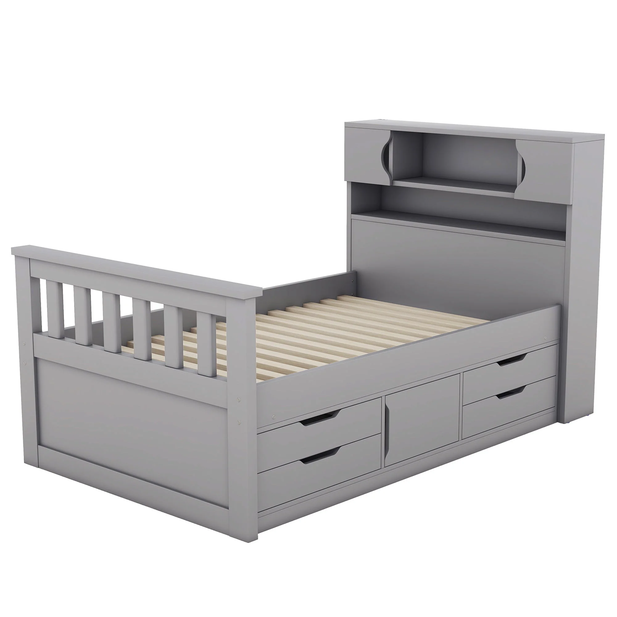 Captain Platform Bed Frame With Storage Bookcases, Shelves, And 4 Drawers