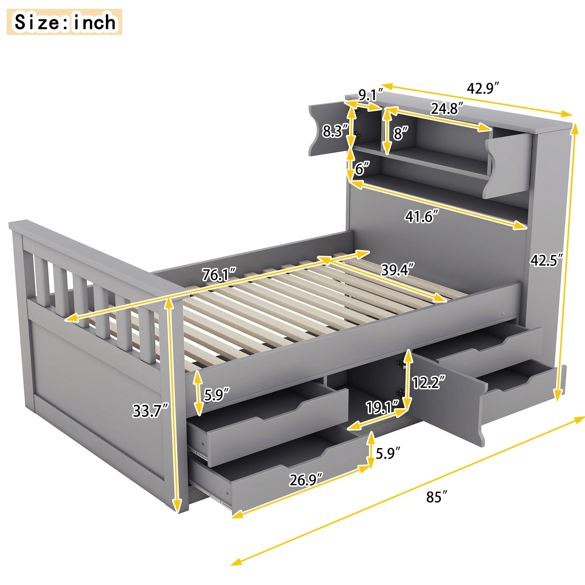 Captain Platform Bed Frame With Storage Bookcases, Shelves, And 4 Drawers - Image 3