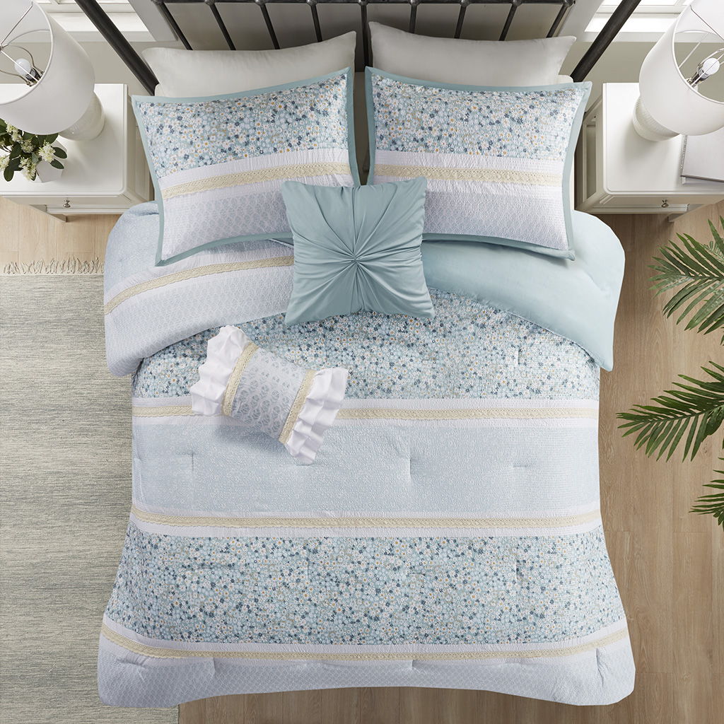 Caralie - 5 Piece Seersucker Comforter Set With Throw Pillows - Aqua - Image 4