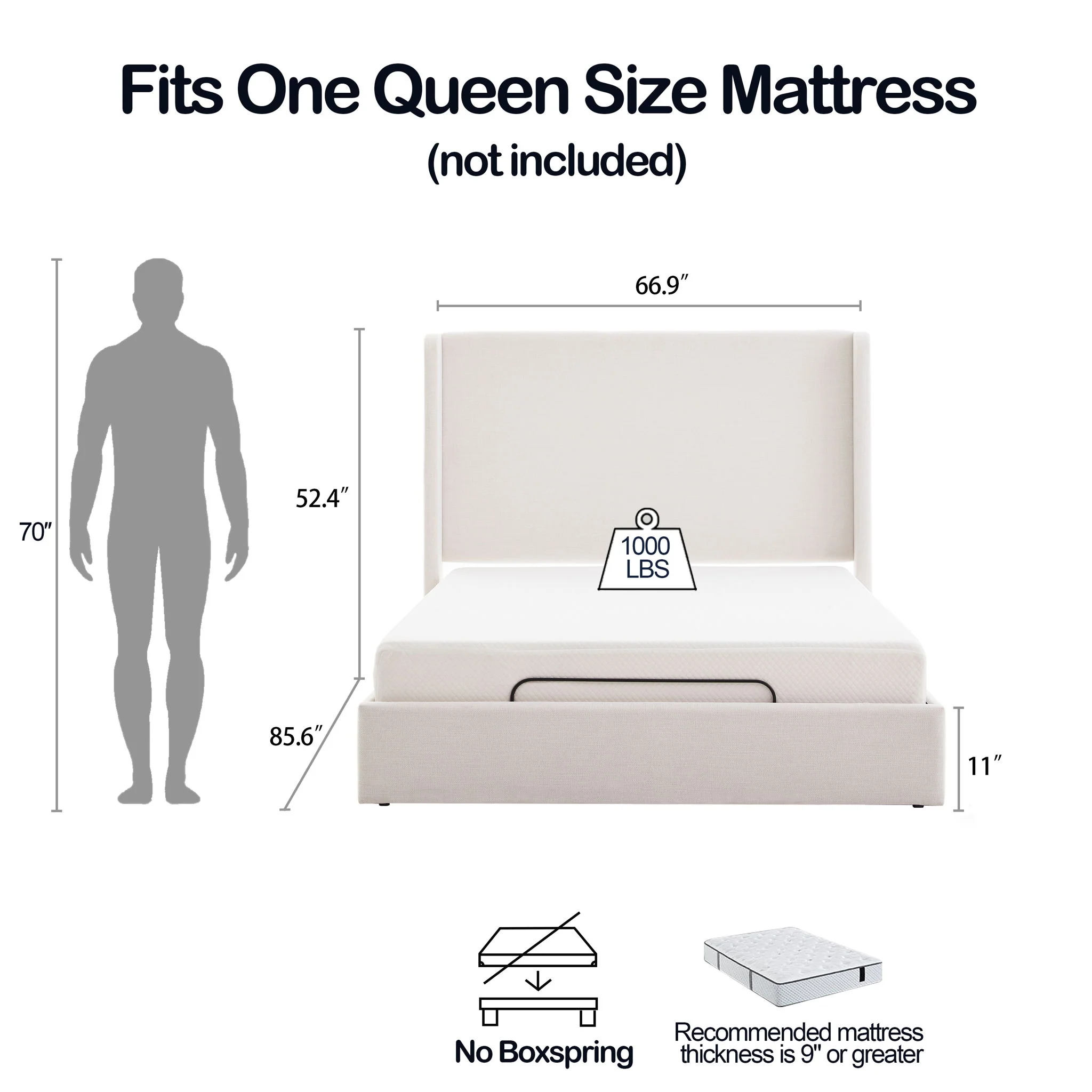 Caron - Queen Size Upholstered Wingback Bed With Adjustable Base Bundle Set - Ivory - Image 4