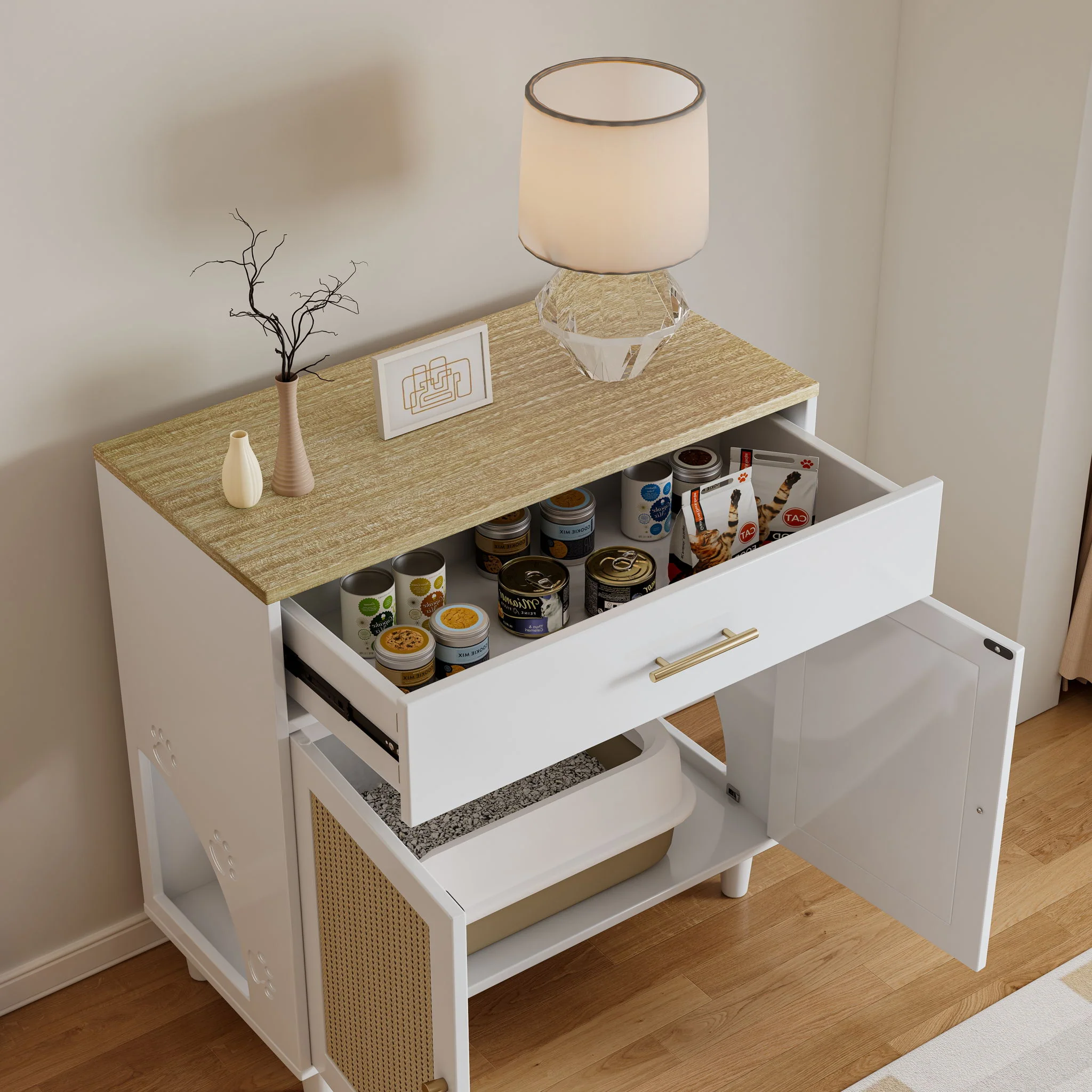 Cat Litter Box Enclosure With Scratch Pad, Hidden Litter Box Furniture, Wooden Pet House Sideboard, Storage Cabinet, Fit Most Cat And Litter Box, For Living Room Bedroom Office - White / Light Brown - Image 3