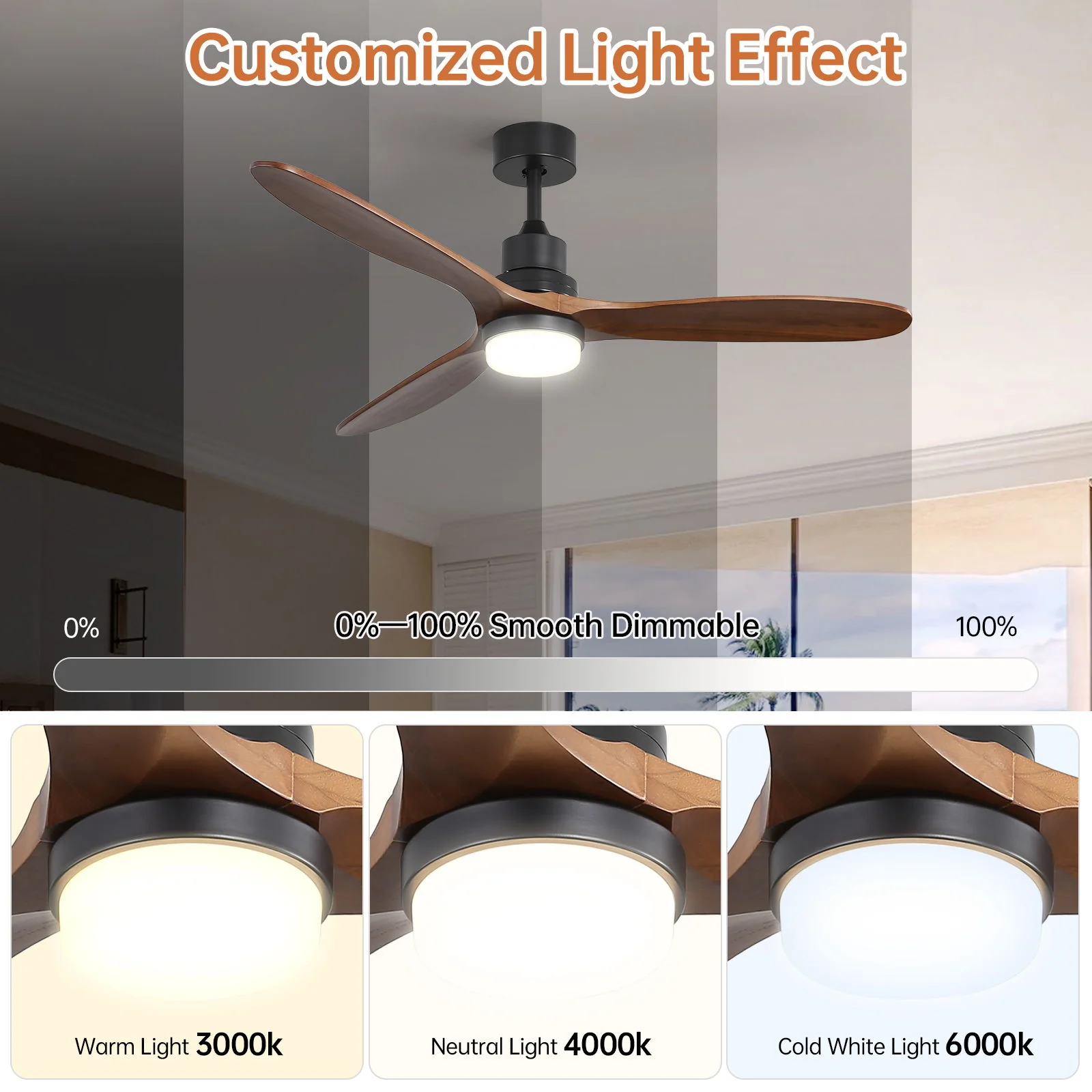 Ceiling Fan With Lights 3 Solid Wood Fan Blade Noiseless Reversible Motor Remote Control - Black - Image 3