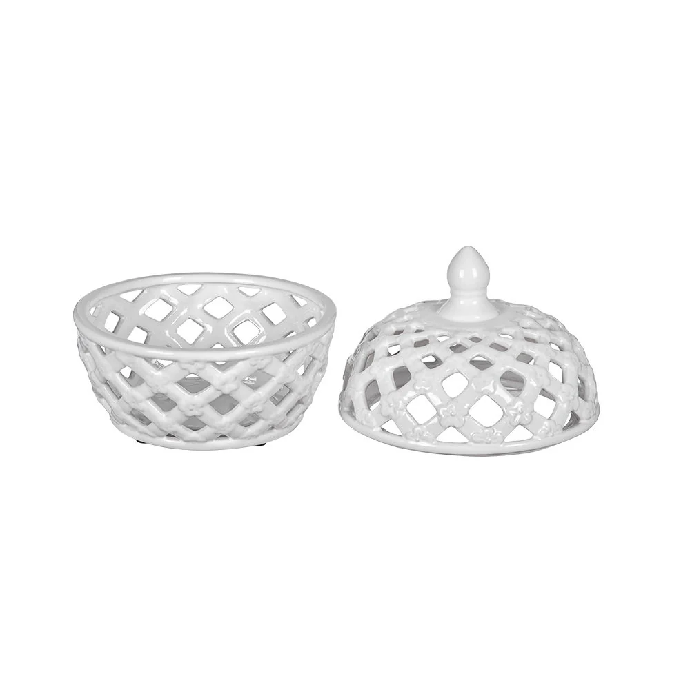 Ceramic Lidded Jar With Lattice Design - White - Image 2