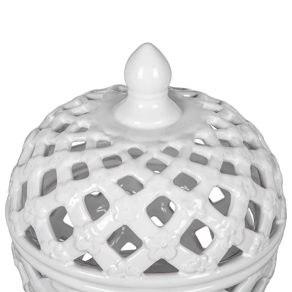 Ceramic Lidded Jar With Lattice Design - White - Image 4