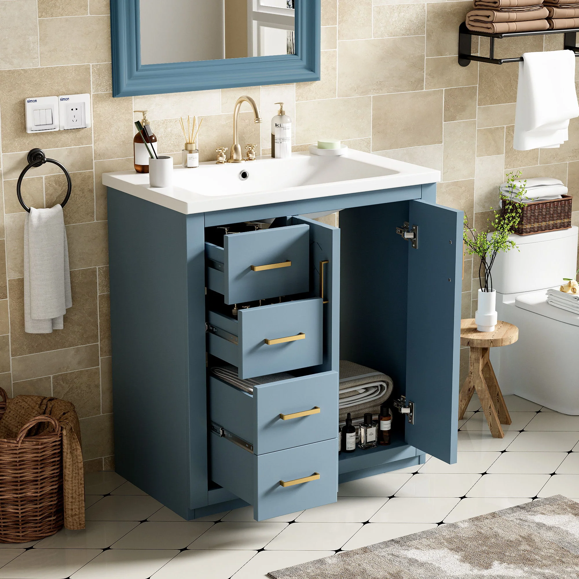 Ceramic Sink Combo, Freestanding Vanity Set With 3 Drawers & Soft Closing Doors - Image 6