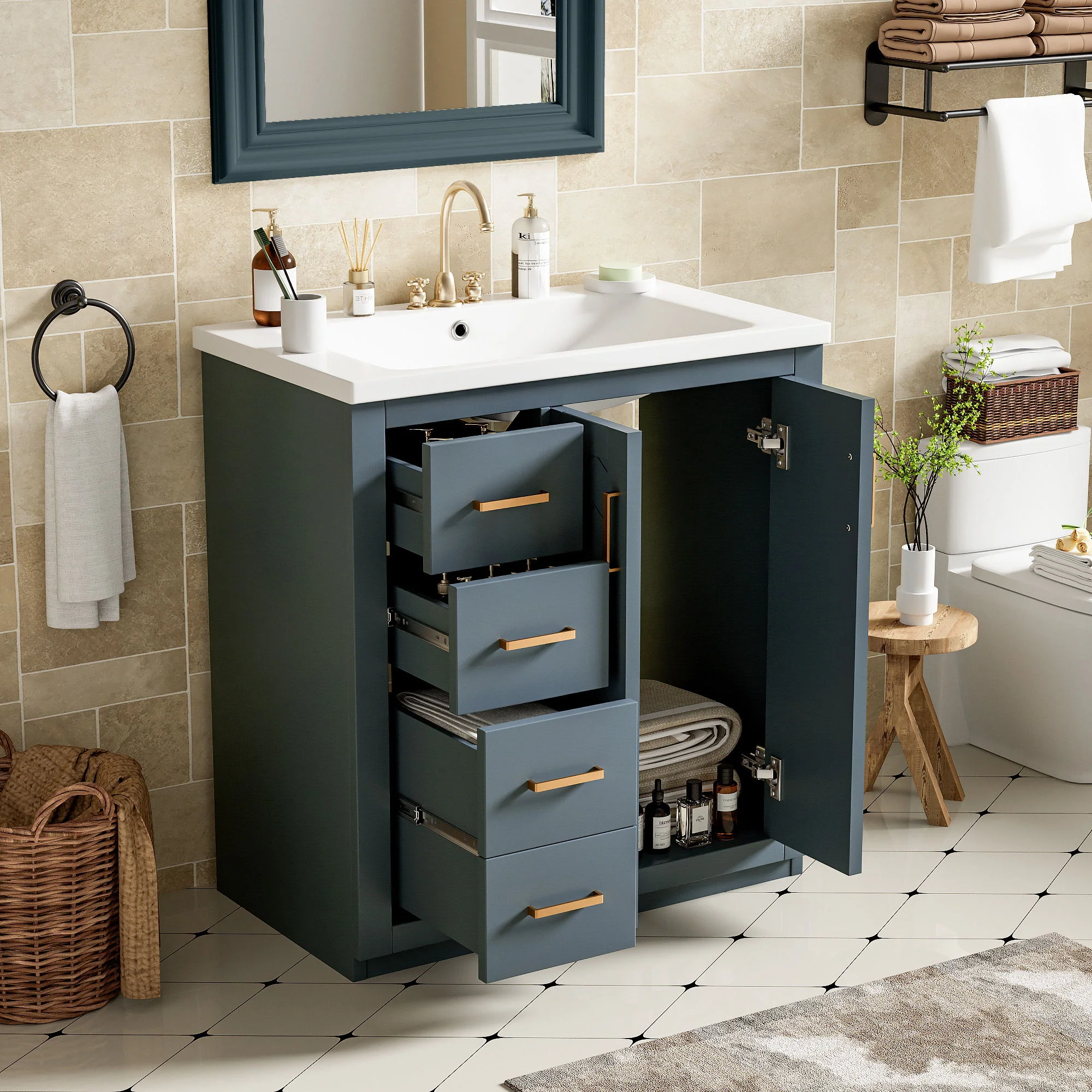 Ceramic Sink Combo, Freestanding Vanity Set With 3 Drawers & Soft Closing Doors - Image 8