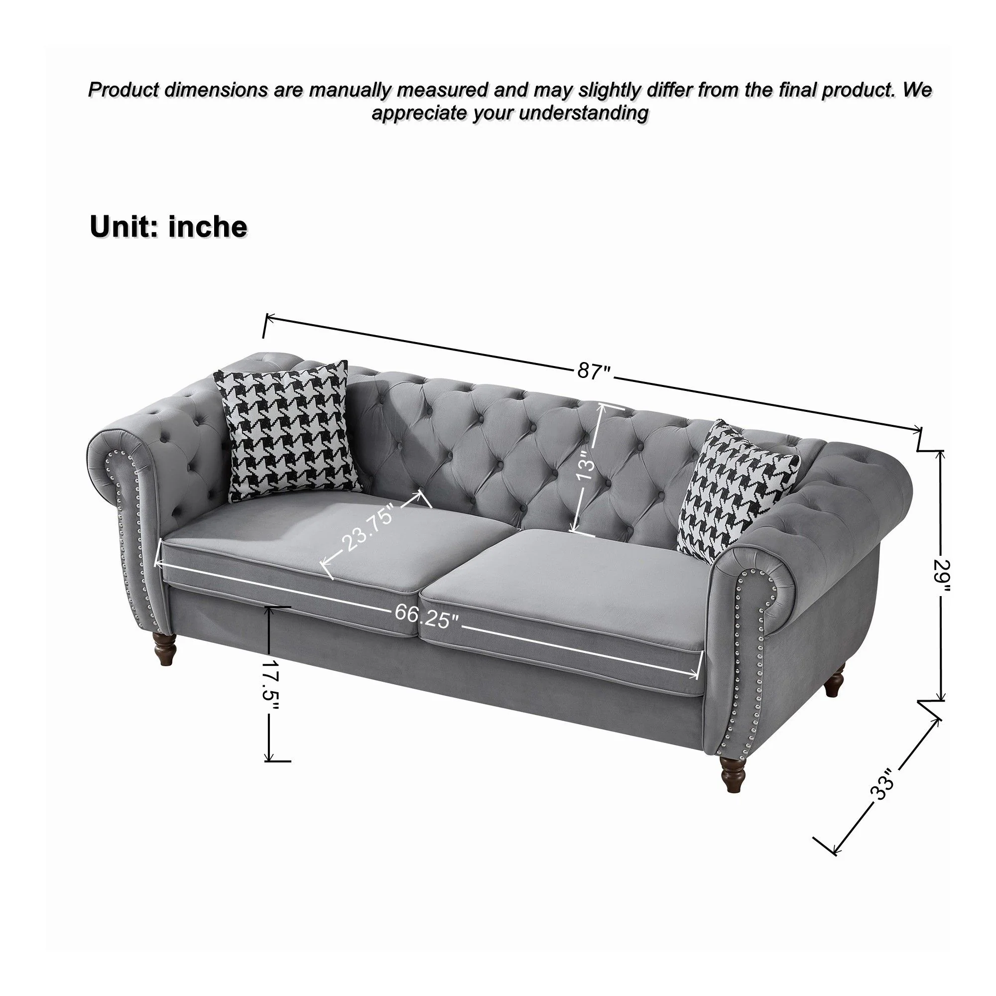 Chesterfield 3 And 2 Seater Upholstery Sofa With Roll Armrest & Nailhead Fabric Couch - Image 5