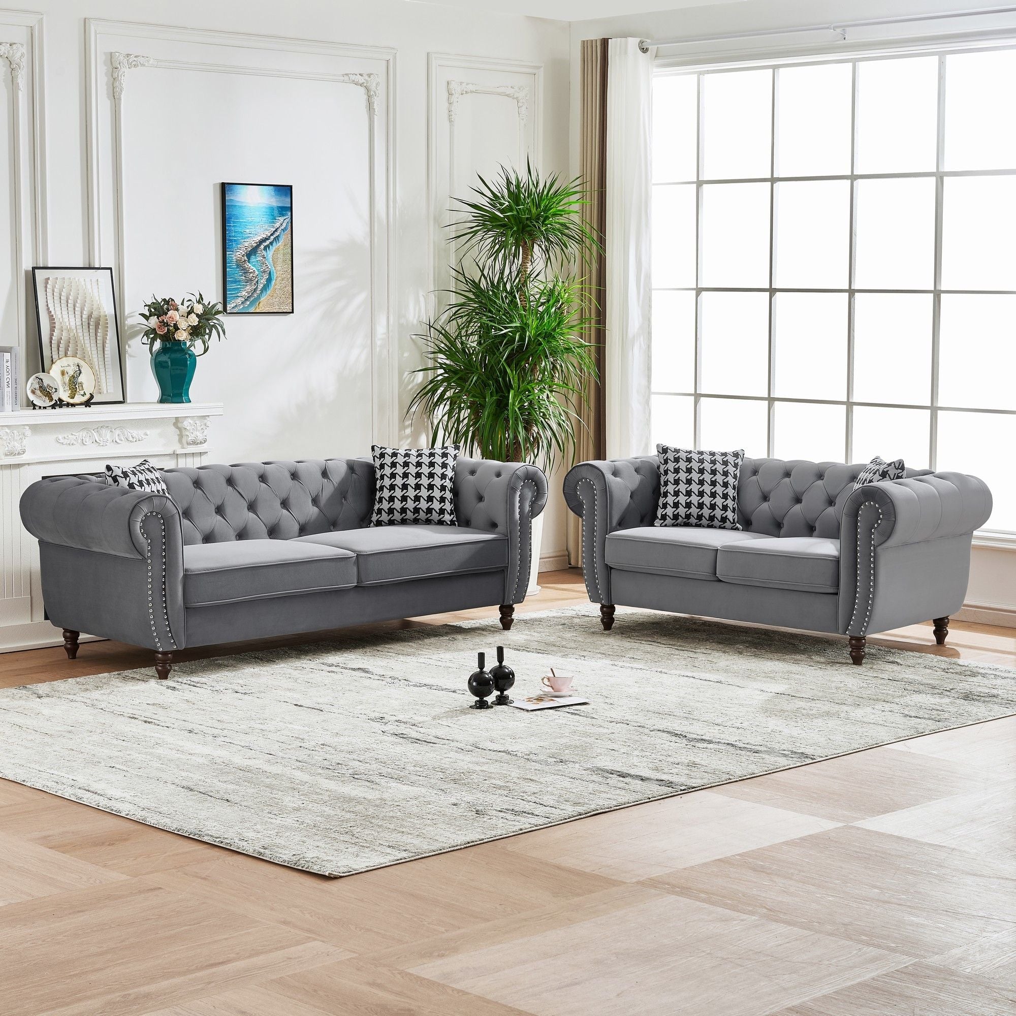 Chesterfield 3 And 2 Seater Upholstery Sofa With Roll Armrest & Nailhead Fabric Couch - Image 8